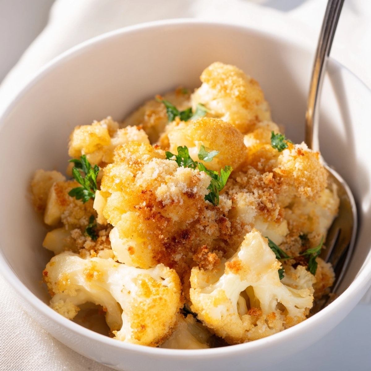 Close-up of Cauliflower Mac and Cheese, cheesy strings pulling, parsley garnish, ready to serve.