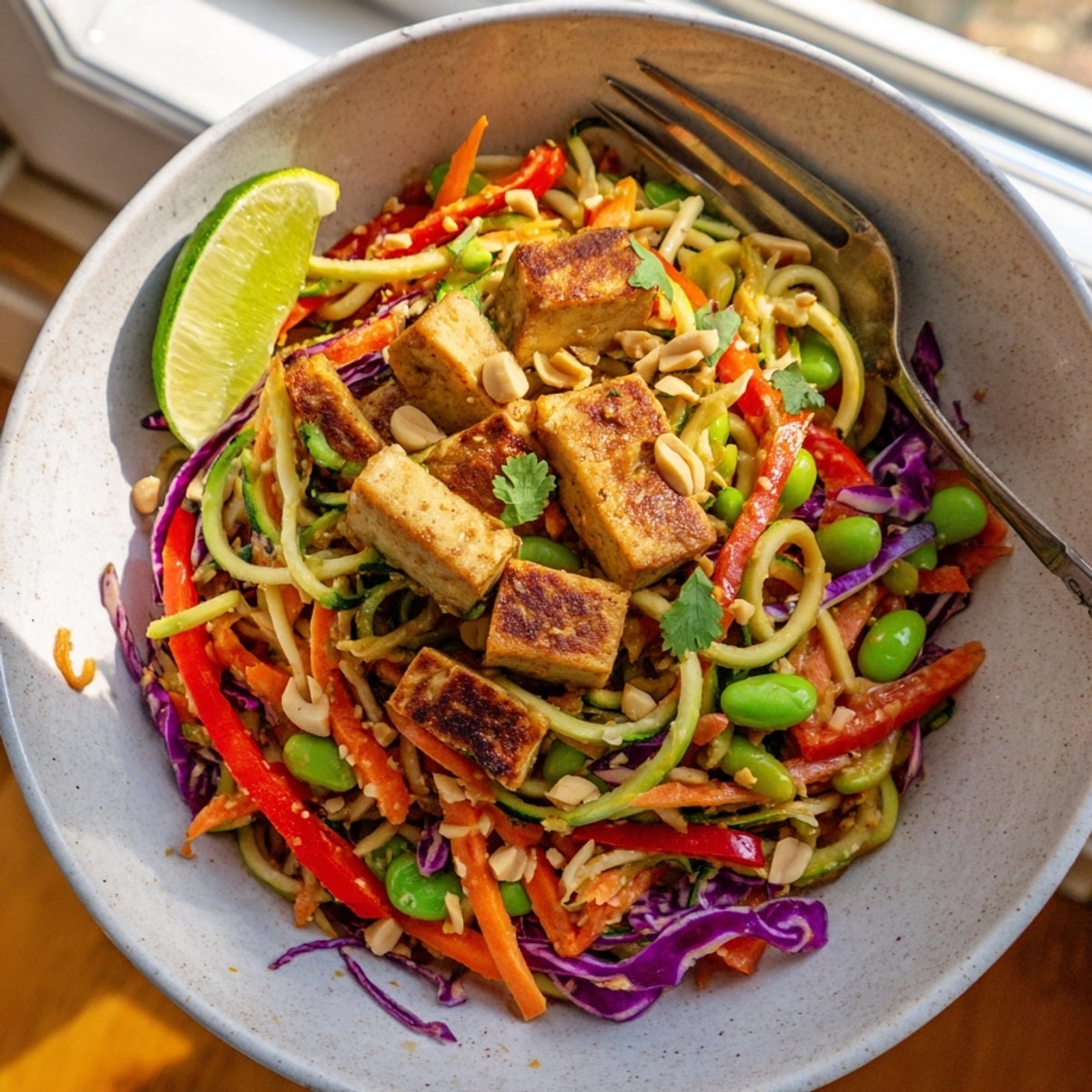 Fresh, healthy Zucchini Noodle Bowls with colorful vegetables and a savory Asian sauce.