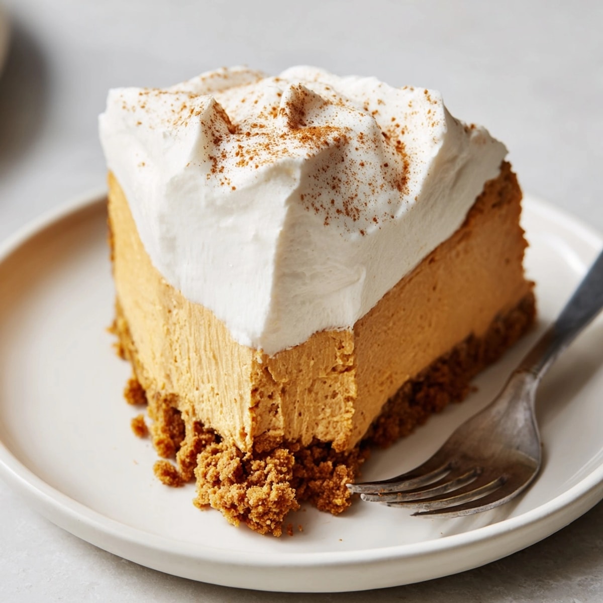 Close-up of a creamy slice of spiced Keto Pumpkin Cheesecake with whipped cream.