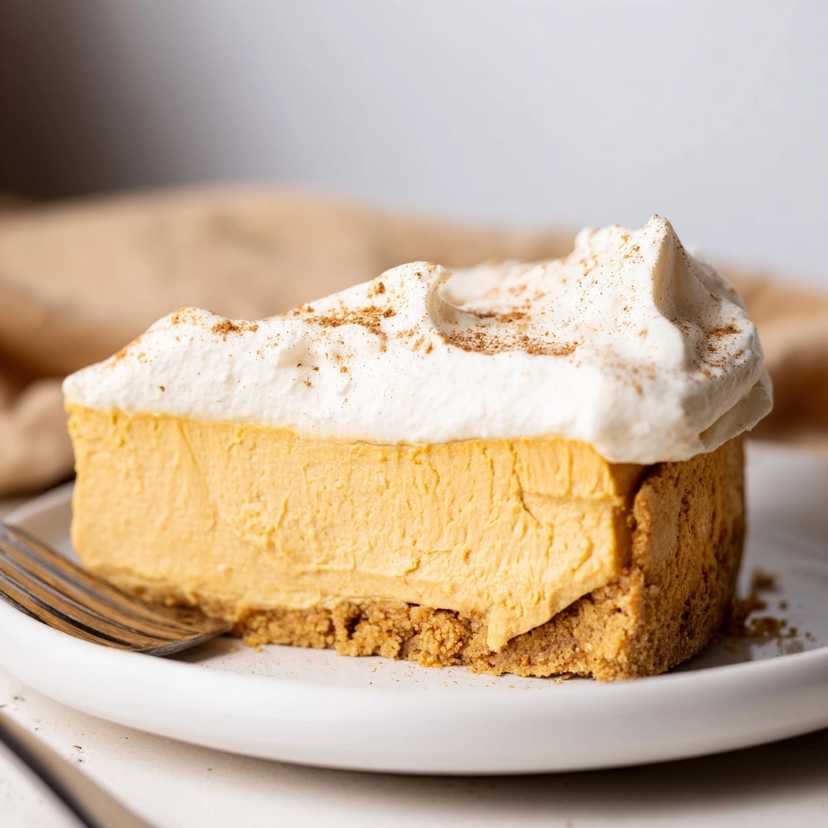 Golden-brown Keto Pumpkin Cheesecake on a plate, ready to eat, garnished with cinnamon.