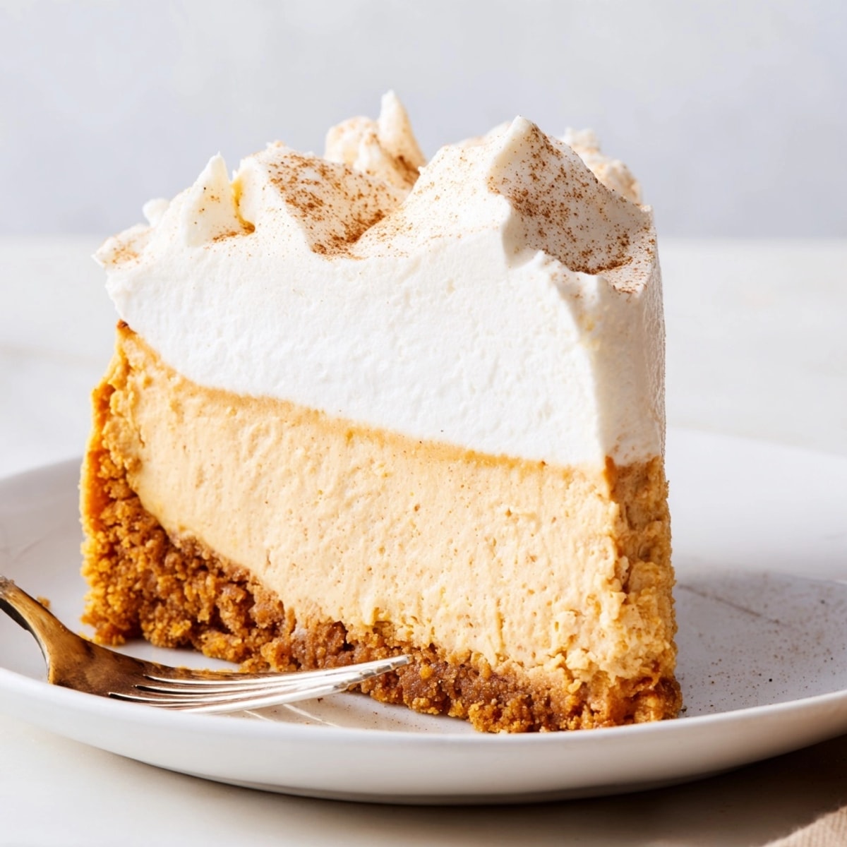 A whole Keto Pumpkin Cheesecake, shot overhead, revealing its smooth pumpkin filling.