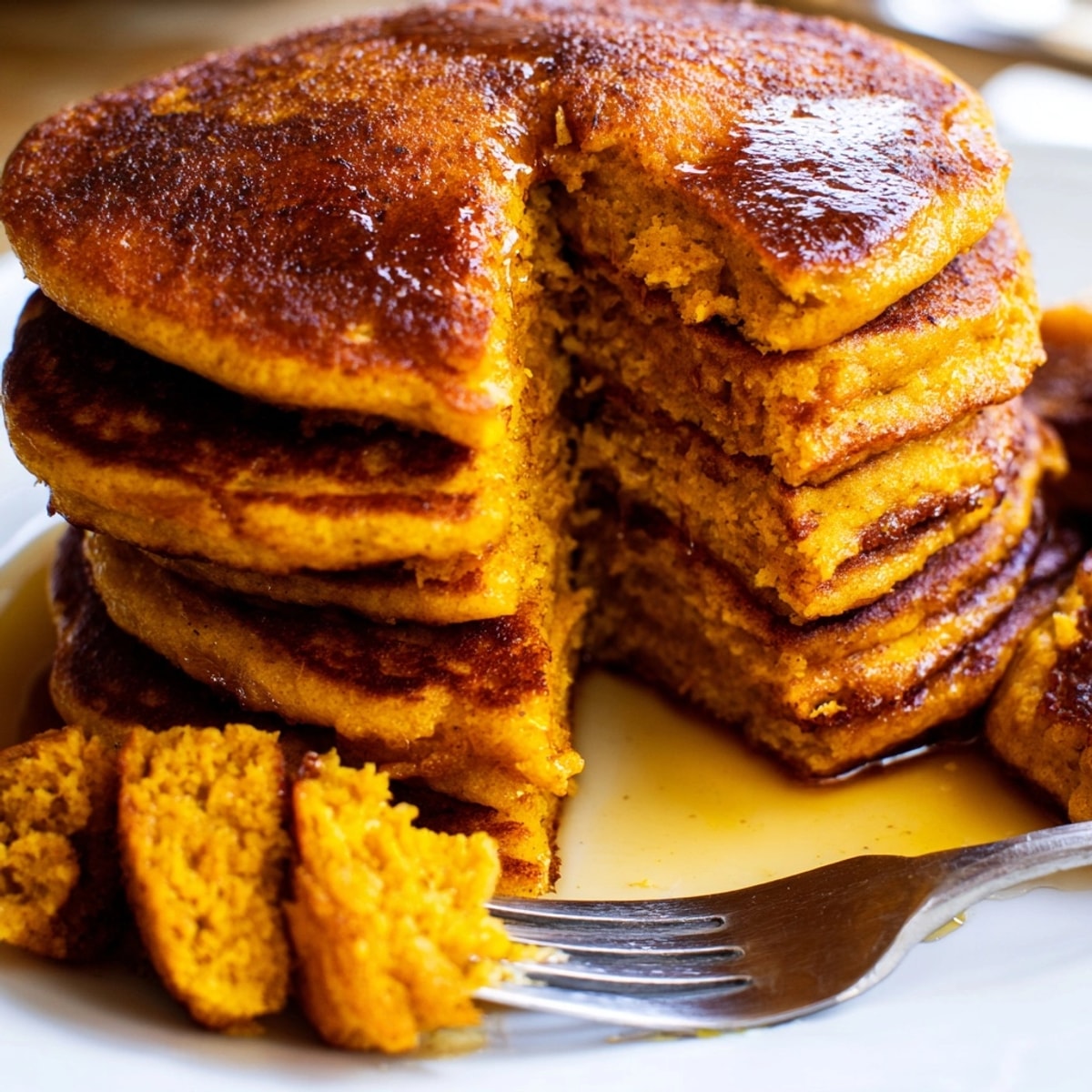 Stack of Paleo Pumpkin Pancakes drizzled with syrup, a comforting gluten-free breakfast.