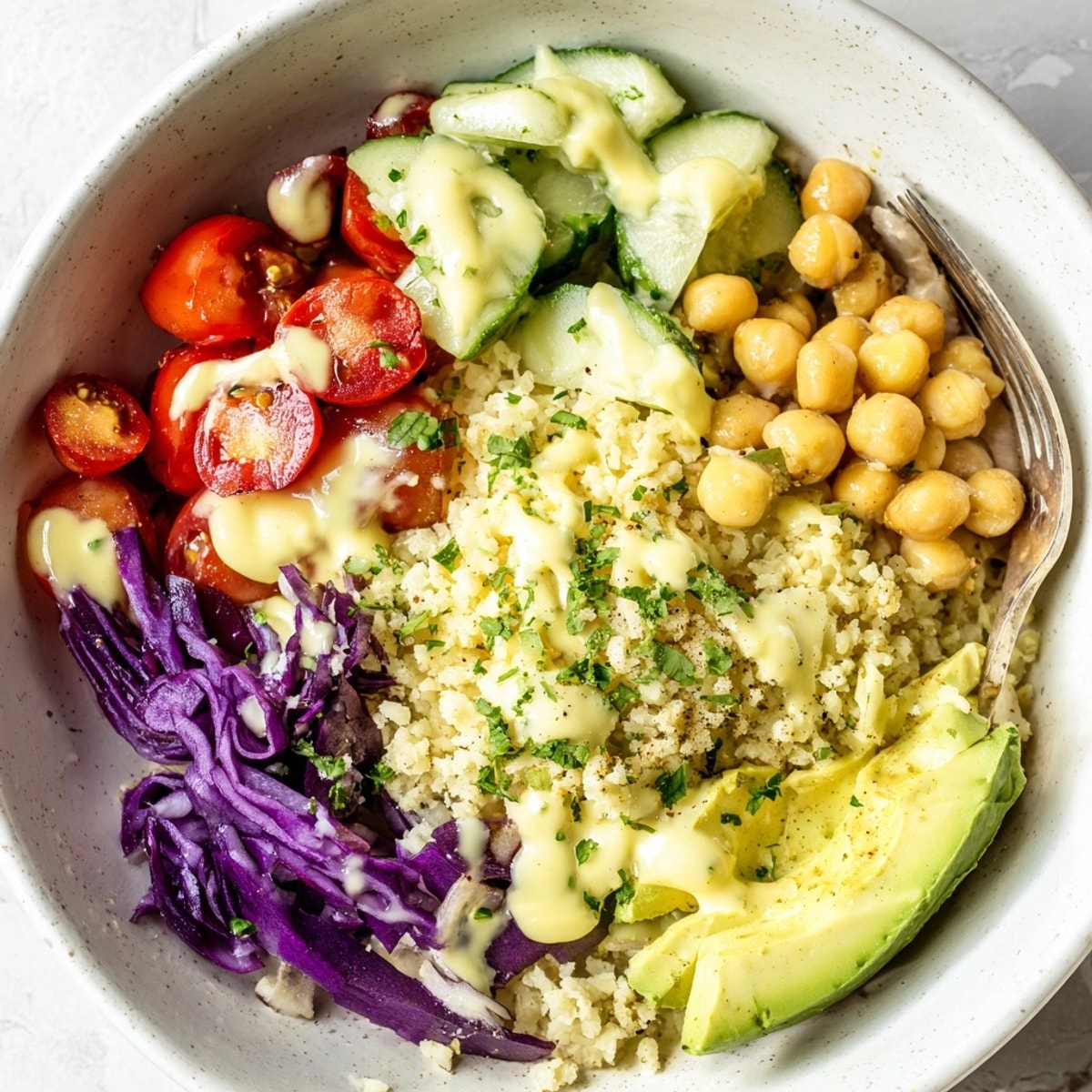 Close-up photo of vibrant Cauliflower Rice Bowls topped with fresh vegetables and creamy tahini.