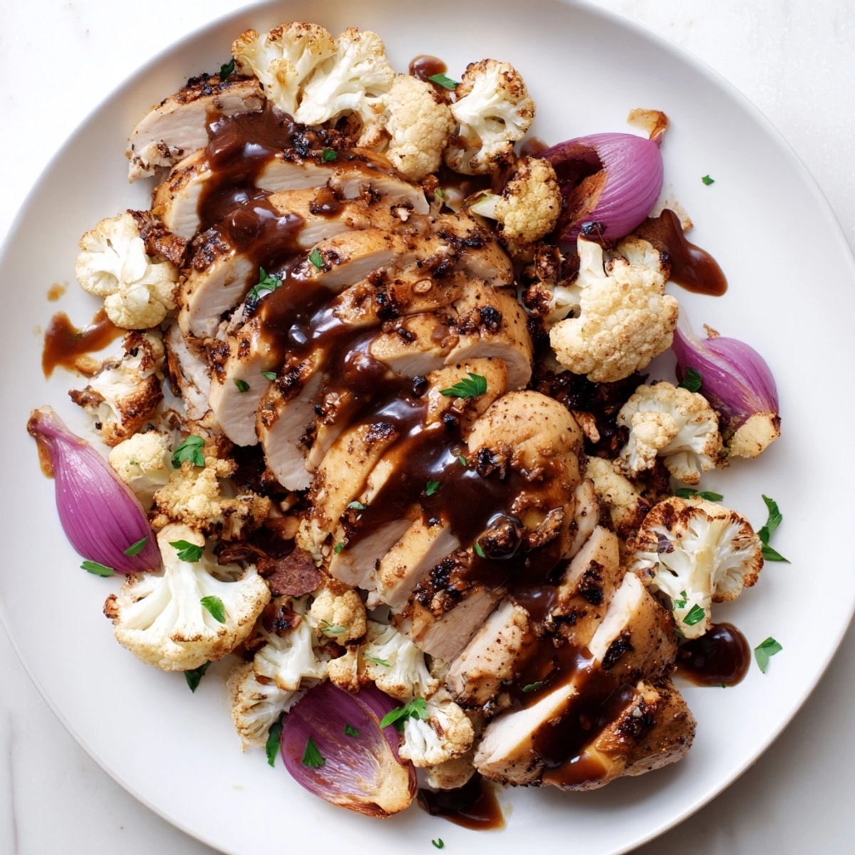 Golden Balsamic Chicken Cauliflower with roasted red onion, ready to enjoy on a sheet pan.