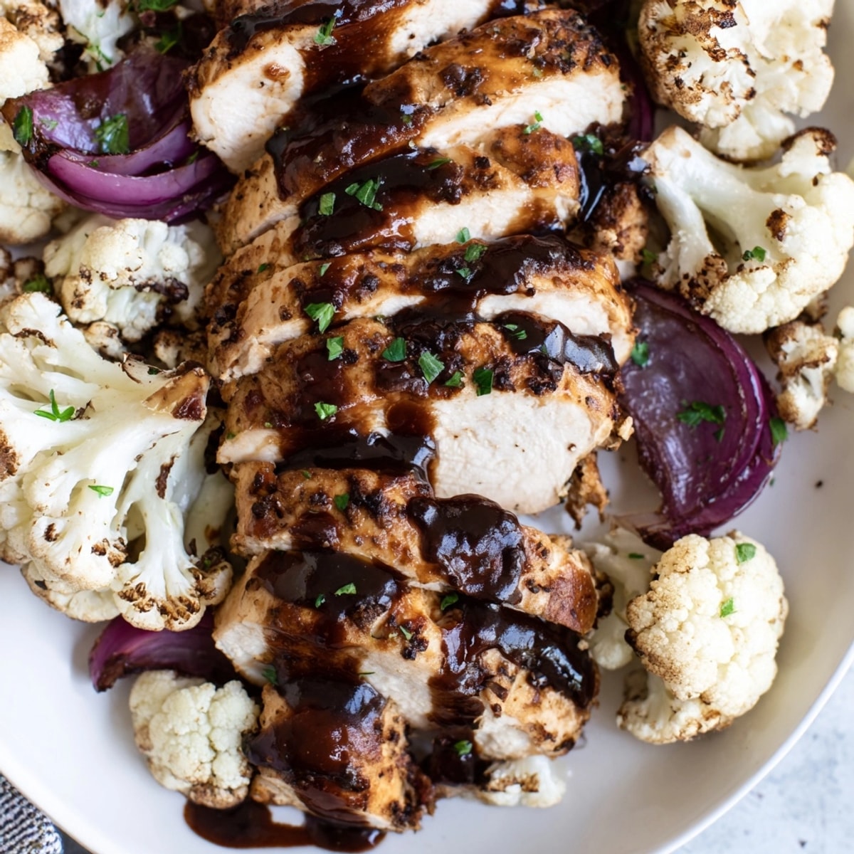 Savory Balsamic Chicken Cauliflower, glistening with glaze, served on a parchment-lined baking sheet.