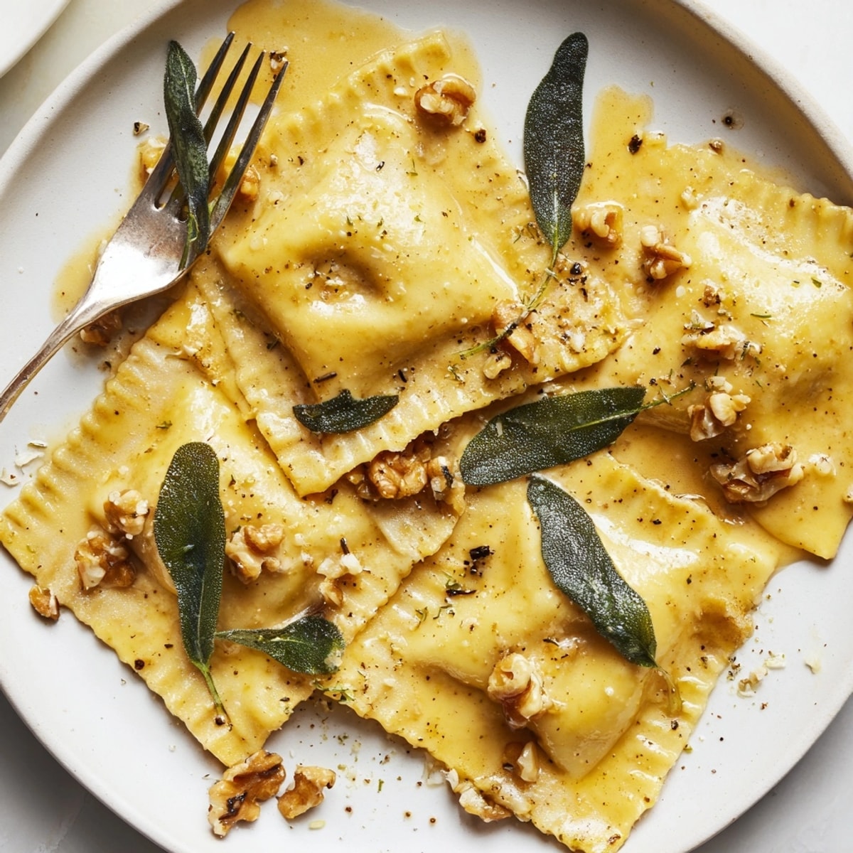 Close-up of golden Vegan Pumpkin Ravioli glistening with a sage vegan butter sauce.