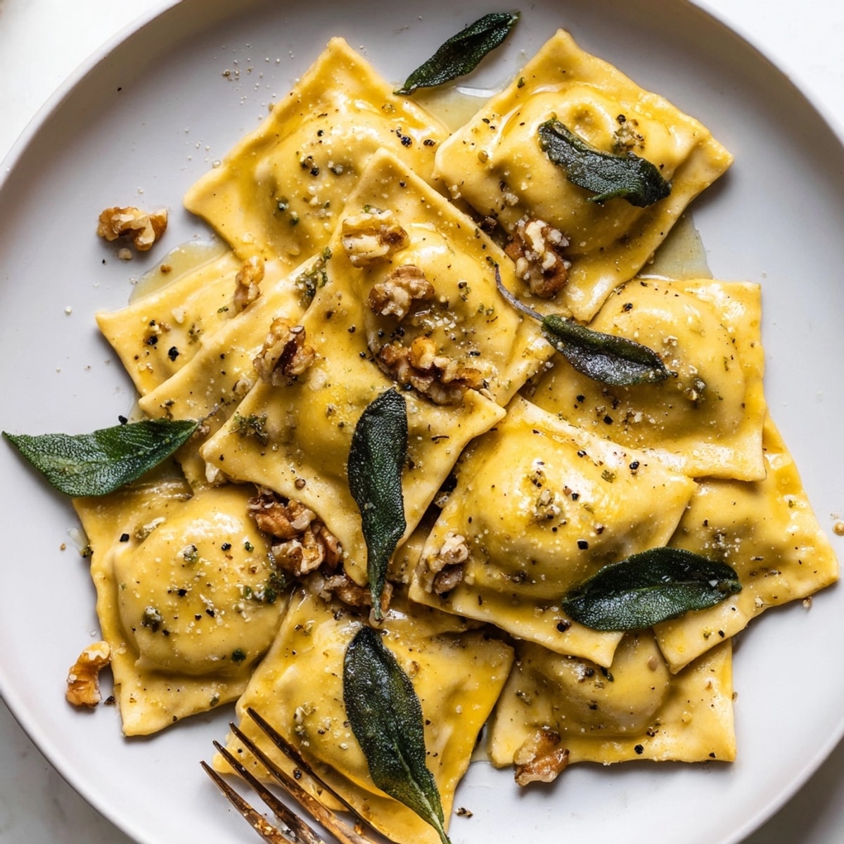 Creamy, spiced Vegan Pumpkin Ravioli filling peeking out from tender pasta; a delicious plant-based dish.