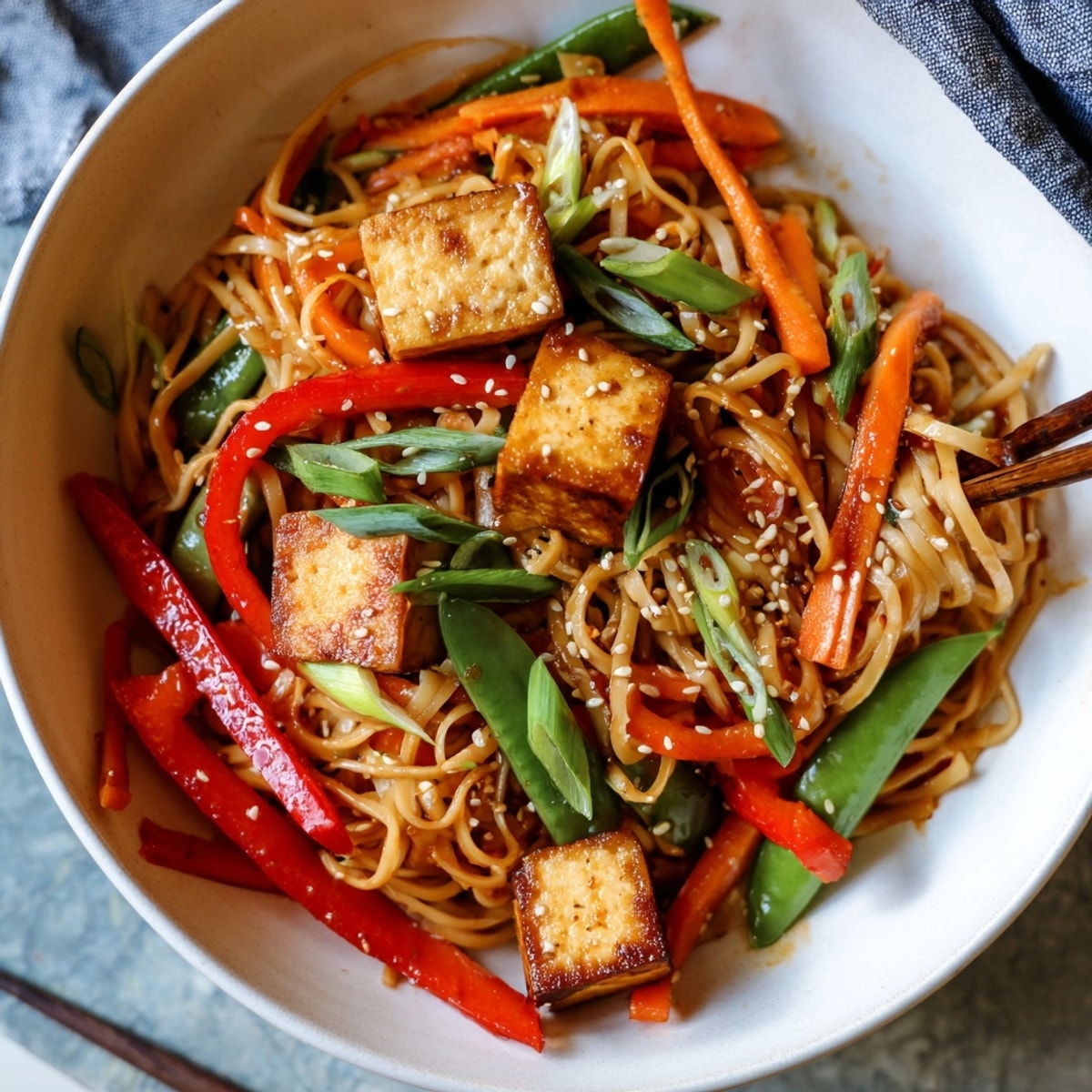 Close-up of vibrant Gochujang Tofu Noodles: Crispy tofu, colorful veggies in a spicy sauce.