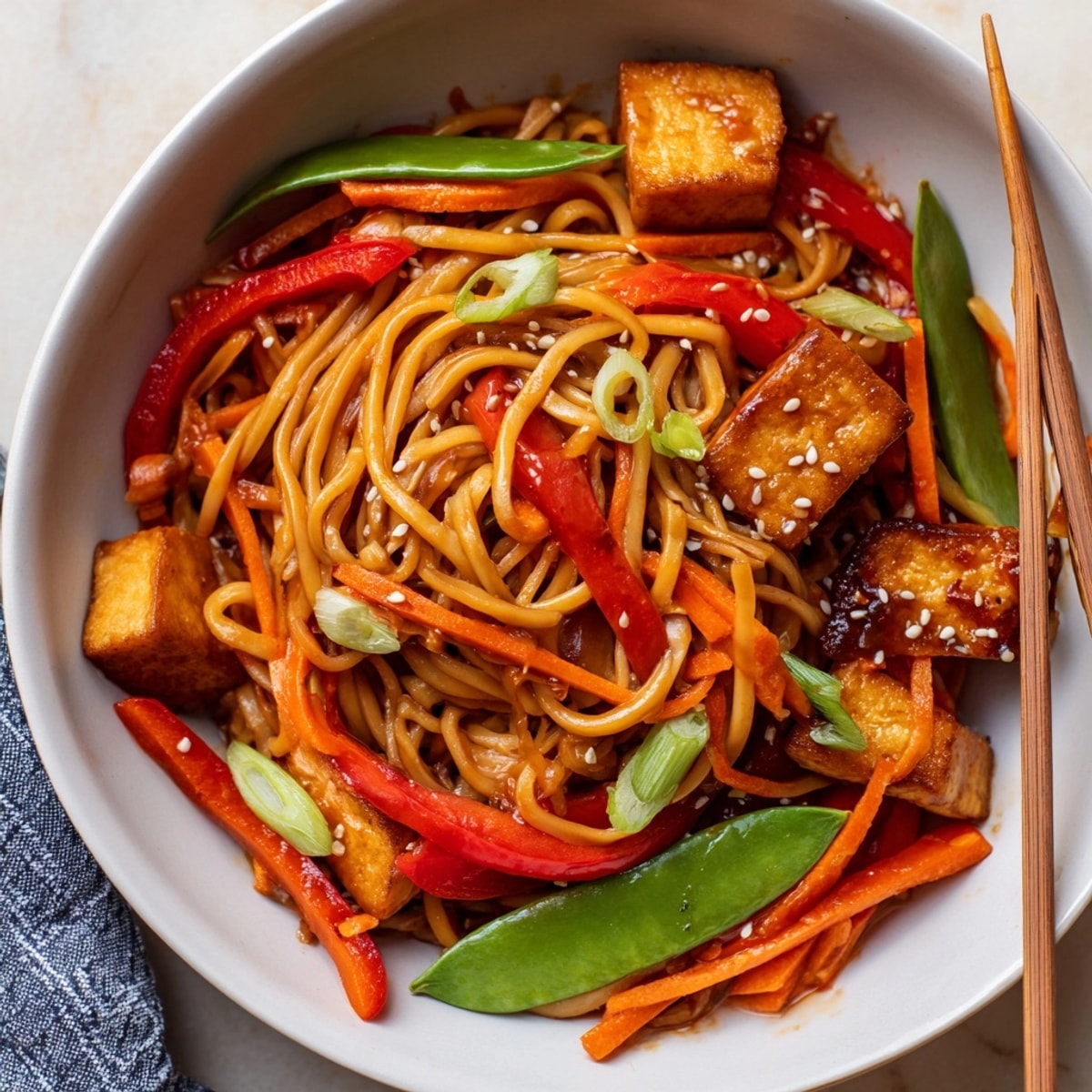 A steaming bowl of Gochujang Tofu Noodles, ready to serve, sprinkled with sesame seeds.