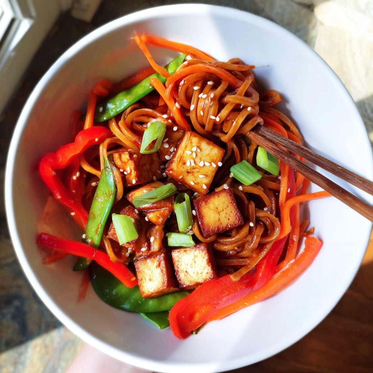 Delicious Gochujang Tofu Noodles recipe, featuring glossy noodles and crispy tofu; Korean-inspired vegetarian goodness.