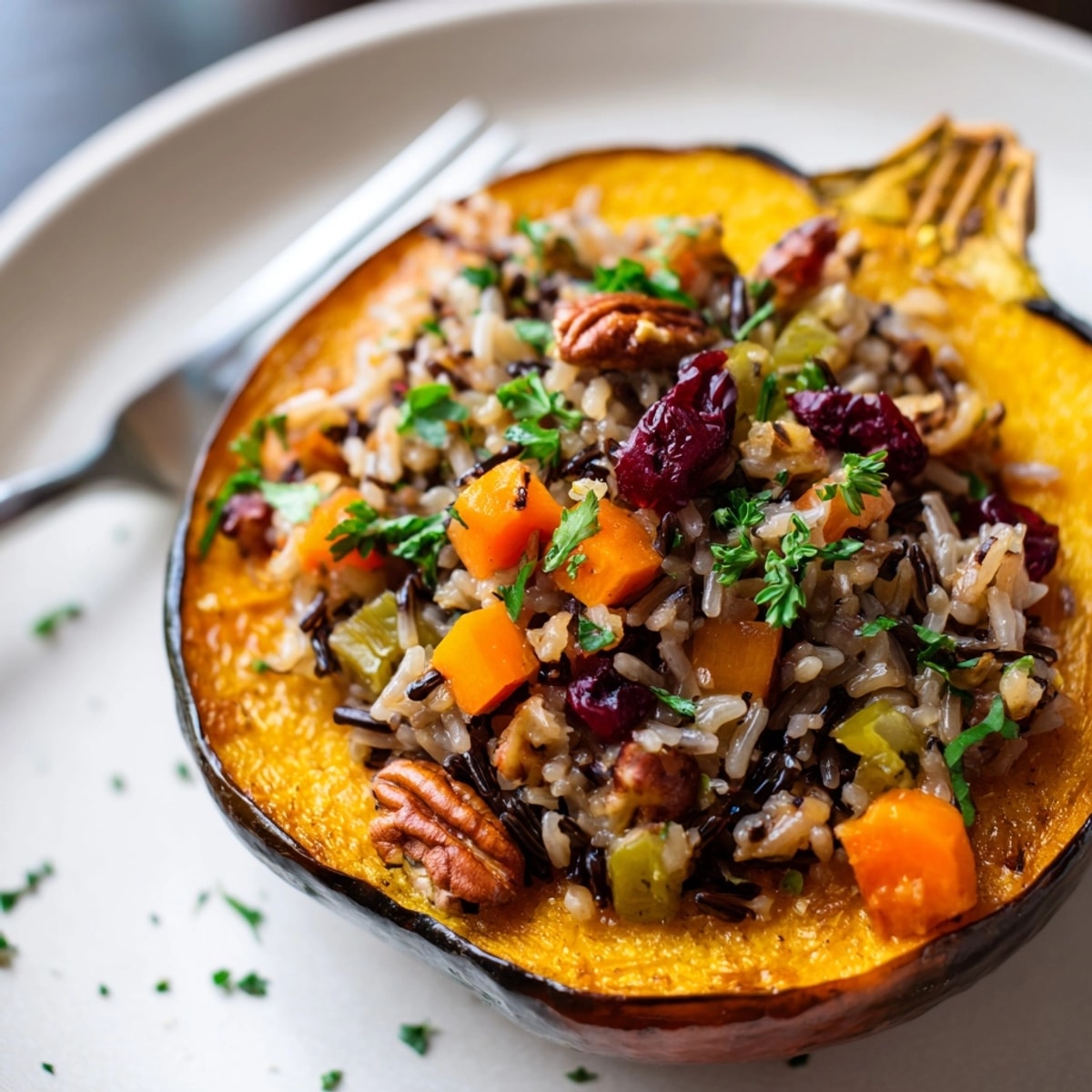Golden roasted Wild Rice Stuffed Squash, a savory autumnal dish with herbs and cranberries.