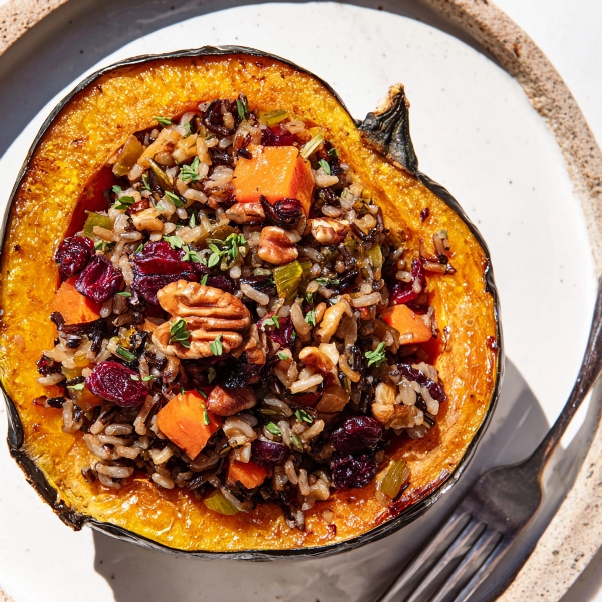 Warm, rustic Wild Rice Stuffed Squash recipe: a hearty vegetarian main course presented beautifully.