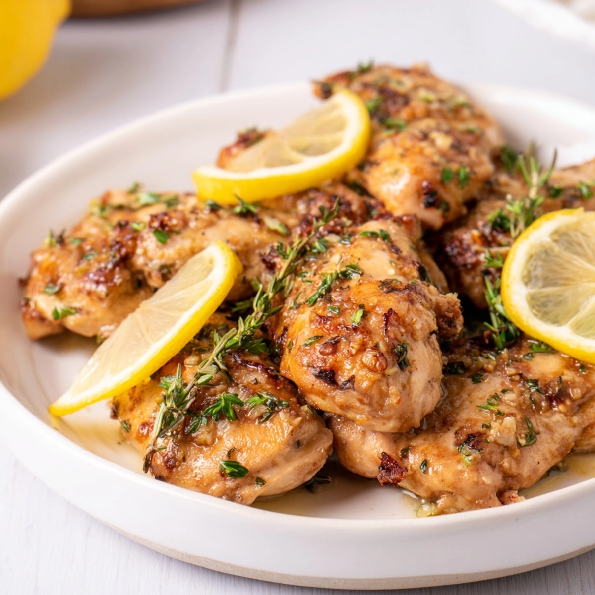 Sizzling skillet Lemon Herb Chicken recipe; see the final perfectly roasted, tender chicken.