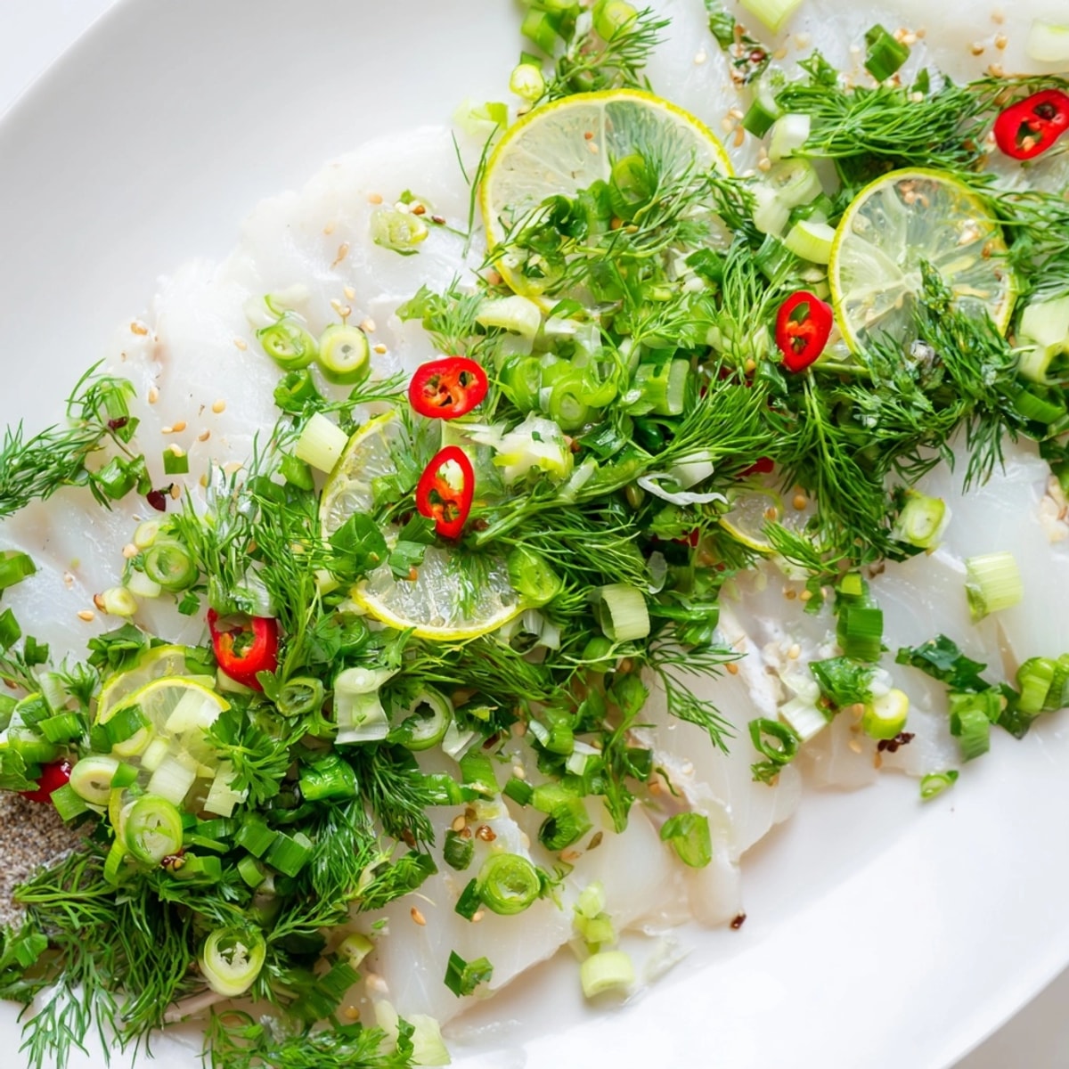 Close-up of moist, herbed fish after steaming, a simple Steamed Fish with Herbs meal idea.