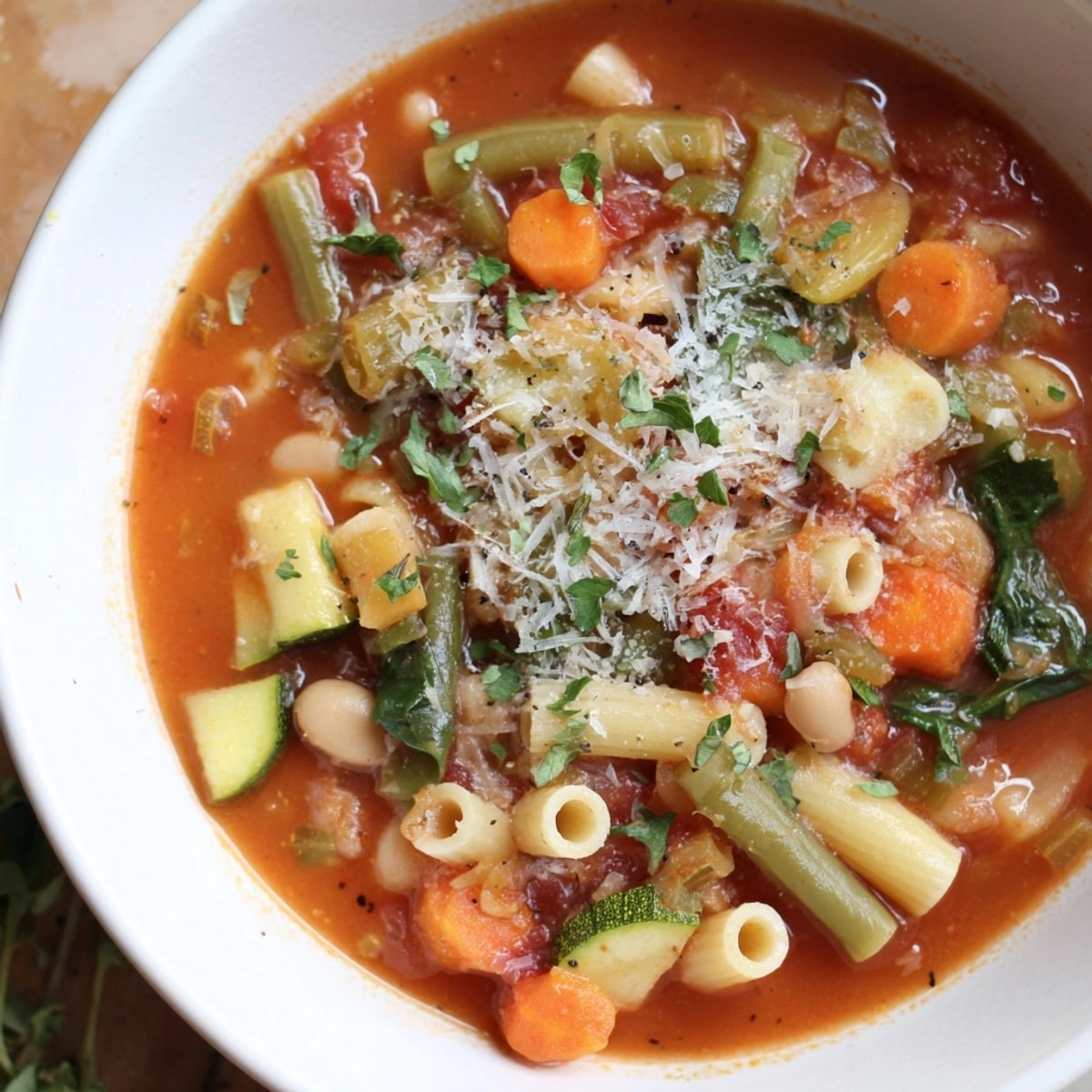 Warm bowl of Vegetable Minestrone Soup, colorful vegetables and small pasta swimming in tomato broth.