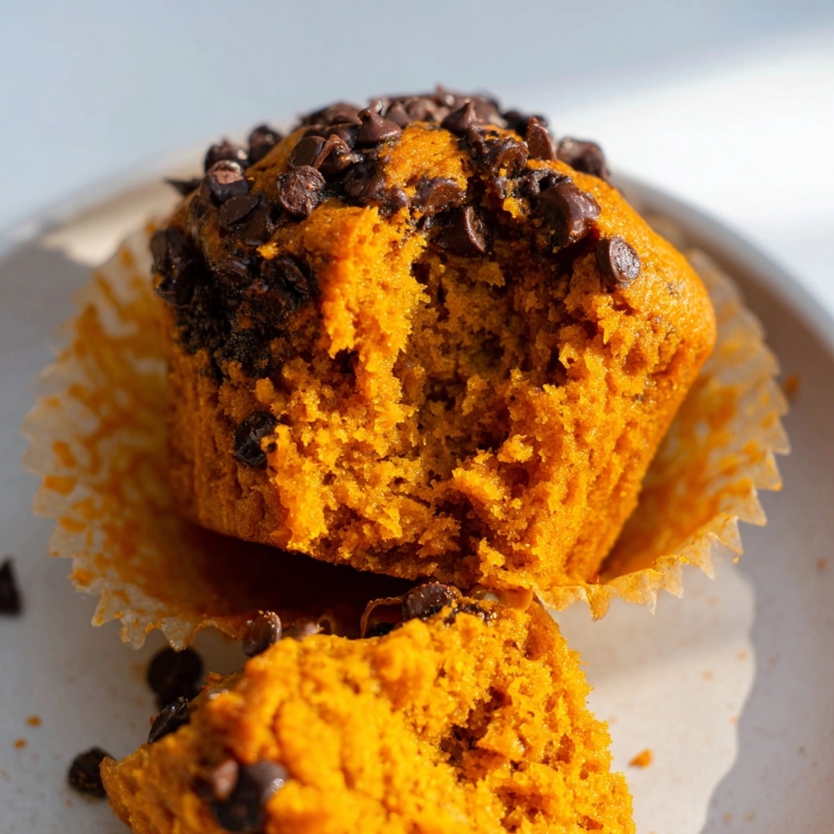 Close-up of moist Gluten-Free Pumpkin Muffins with chocolate chips, a delectable dairy-free treat.