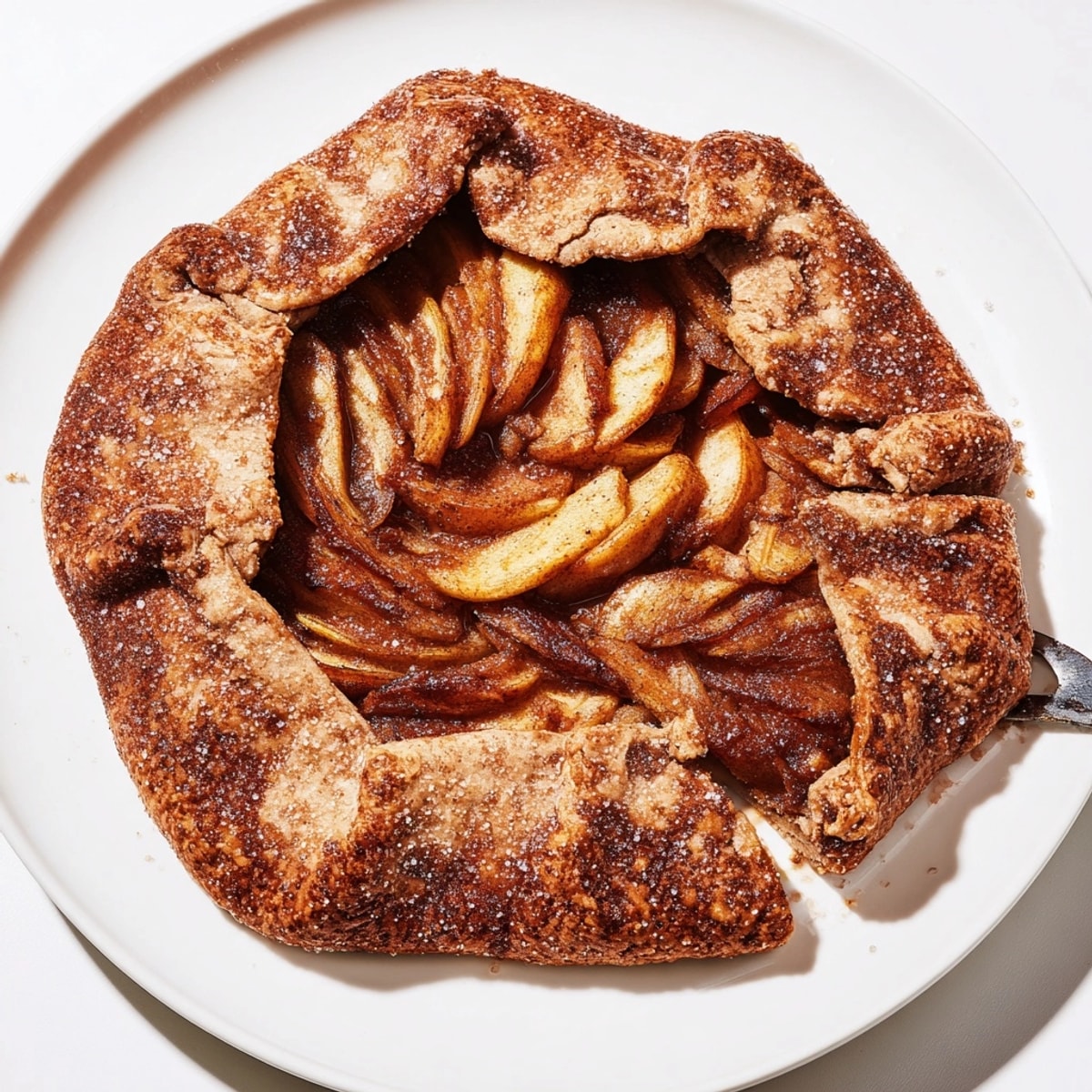 Close-up of sliced Buckwheat Apple Galette displaying a sweet, cinnamon-scented apple filling.
