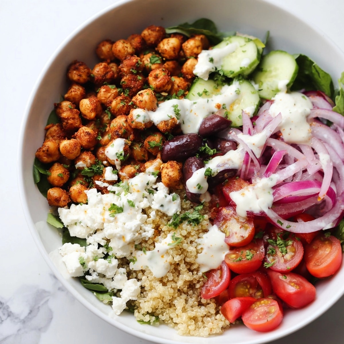Golden roasted chickpeas top vibrant Mediterranean Chickpea Bowls, drizzled with creamy tahini sauce.