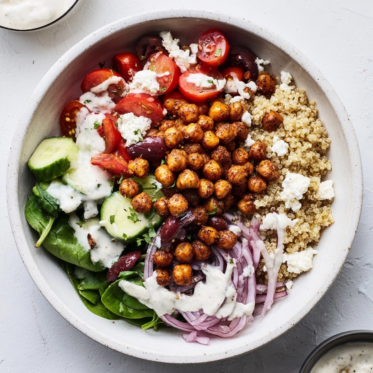 Close-up of colorful Mediterranean Chickpea Bowls, showcasing fresh veggies, herbs, and crispy chickpeas.