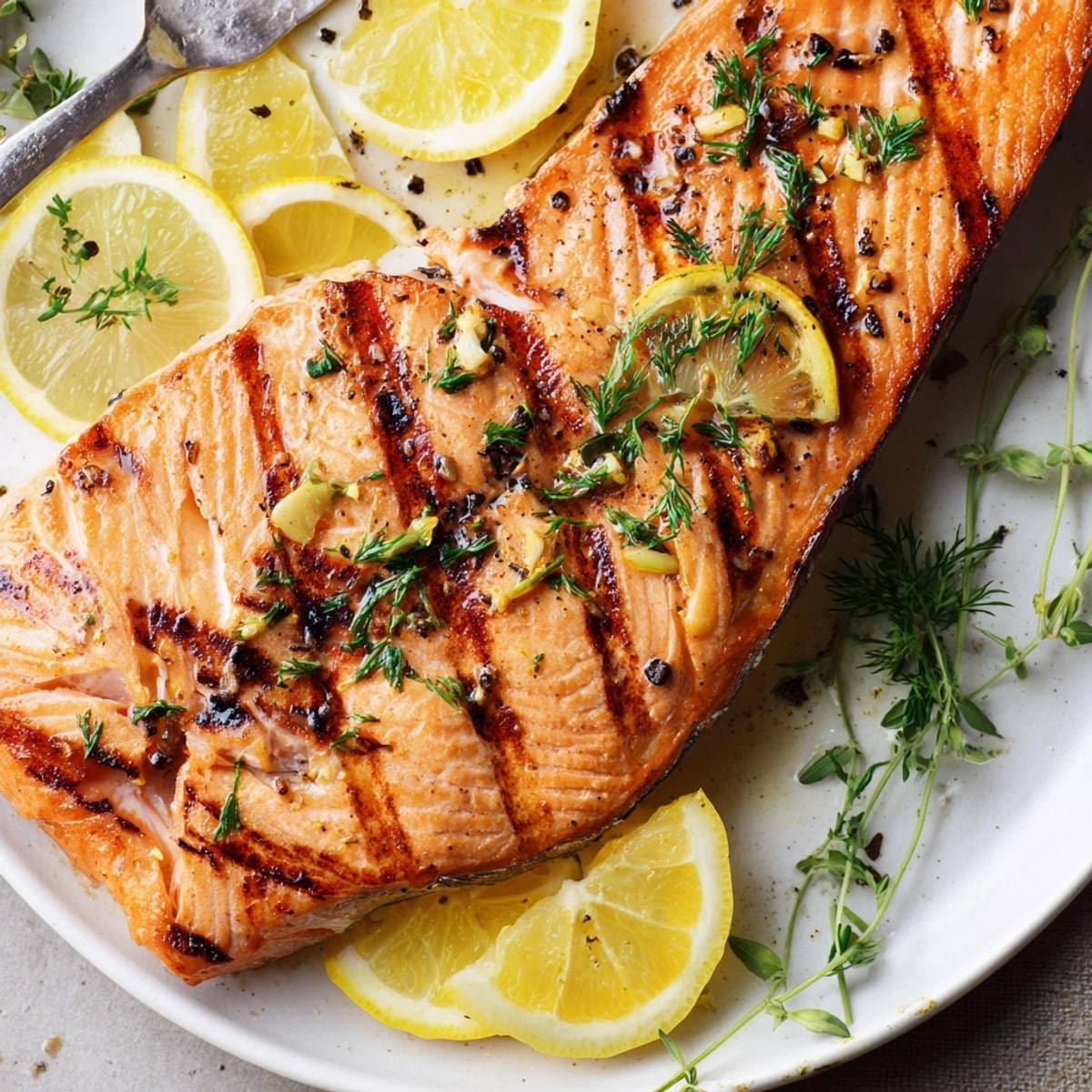 Grilled Salmon with Herbs recipe: Flaky, golden salmon with bright green herbs.