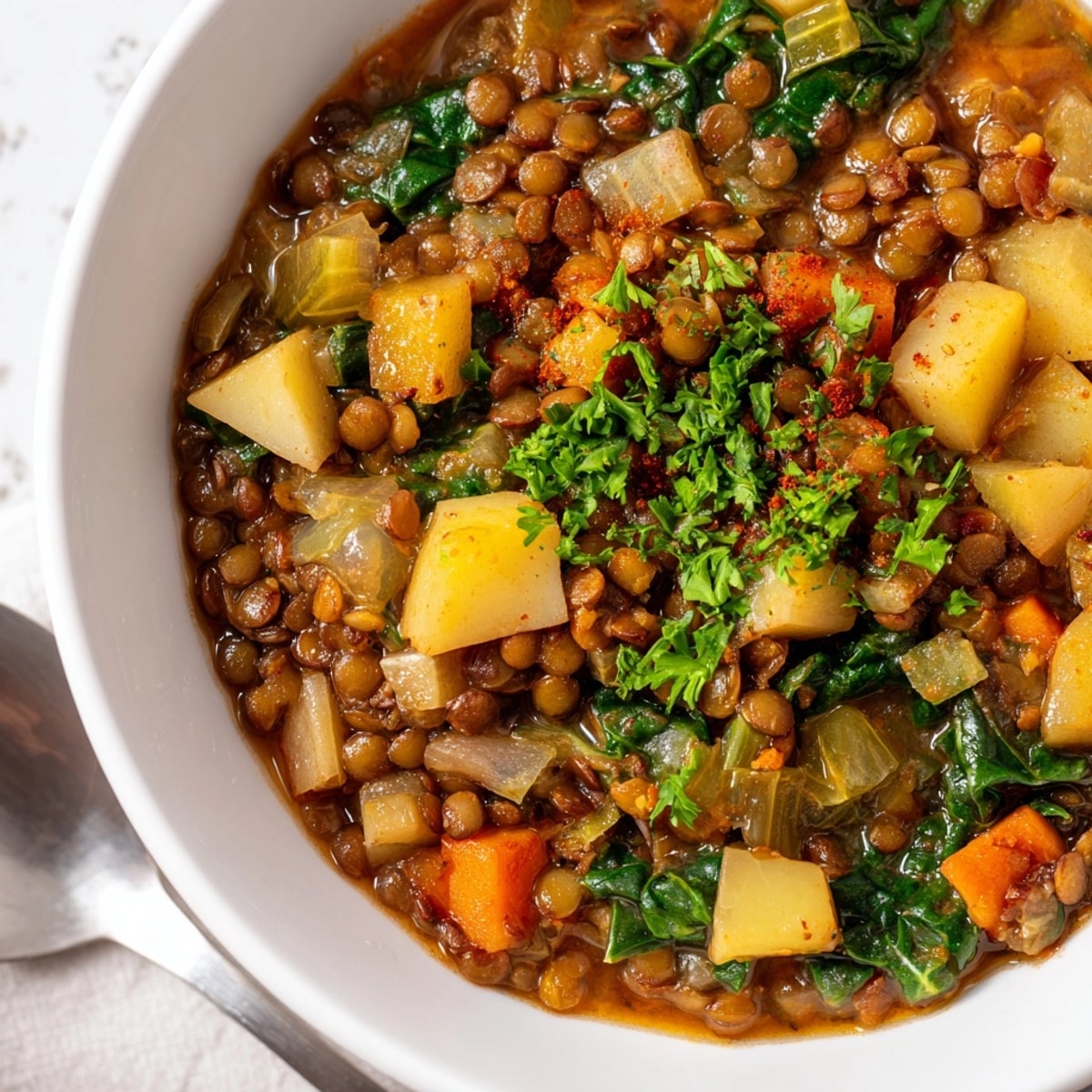 Steaming bowl of Lentil and Kale Stew, vibrant green kale swimming in broth.