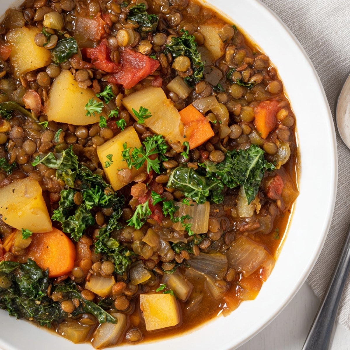 Overhead shot of rustic Lentil and Kale Stew, a flavorful vegan comfort meal.