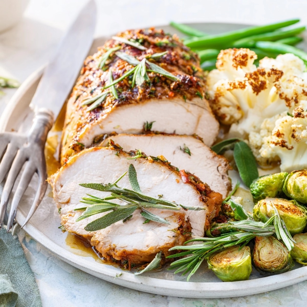 Aromatic Keto Thanksgiving Roast – savory herbs perfume golden slices besides tender, low-carb veggies.