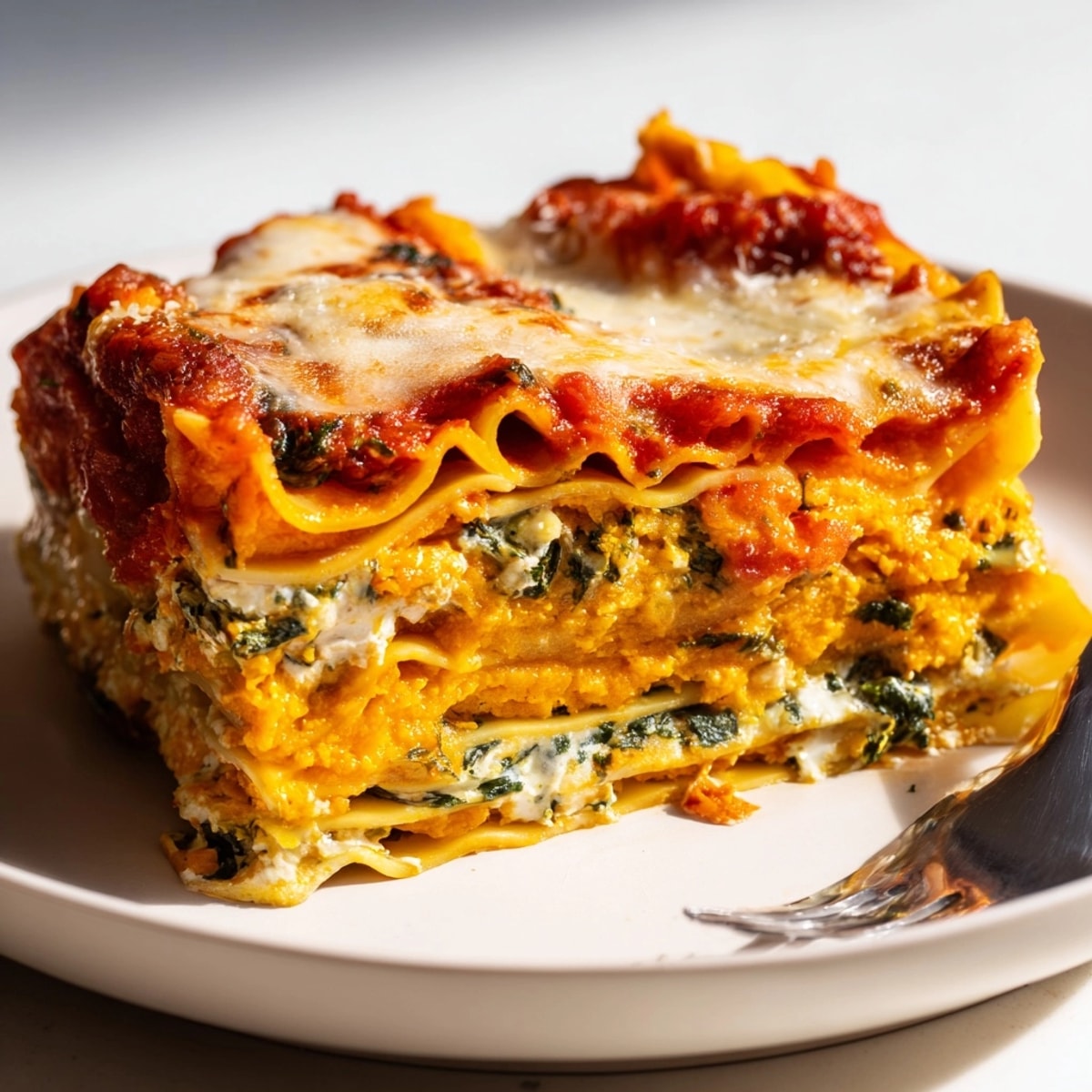 Close-up of a rich gluten-free Butternut Lasagna slice, showing savory layers and roasted squash.