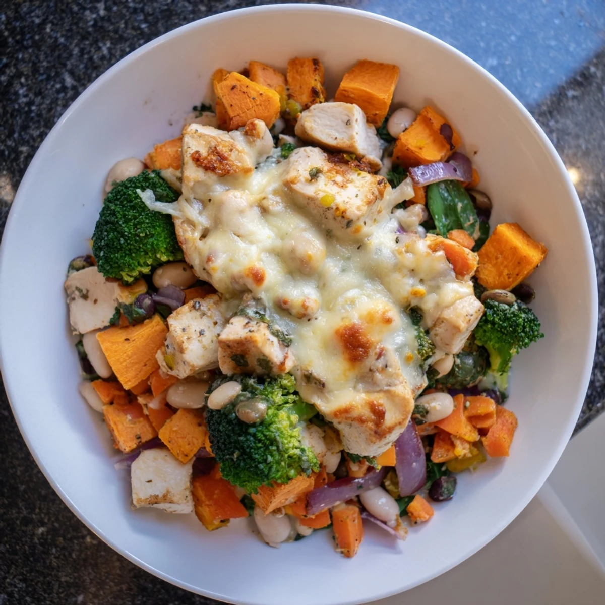 Warm Winter Garden High Protein Bake, a savory casserole with golden, bubbly cheese and roasted vegetables.