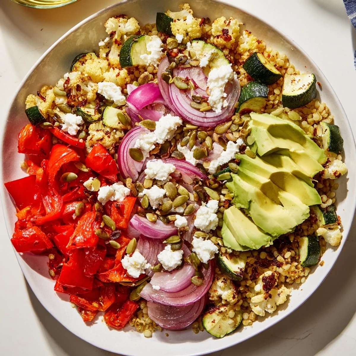 Enjoy this flavorful Solstice Low Carb Grain Bowl, featuring a cauliflower base and drizzled with dressing.