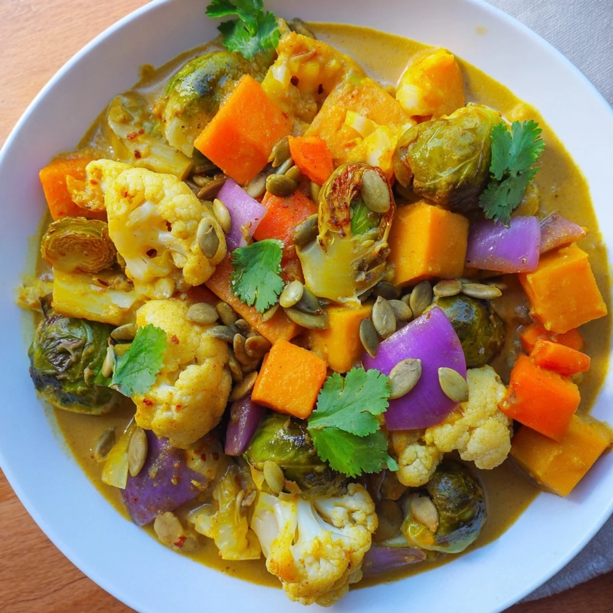 A steaming bowl of Winter Garden Paleo Curry, garnished with fresh cilantro and pumpkin seeds.