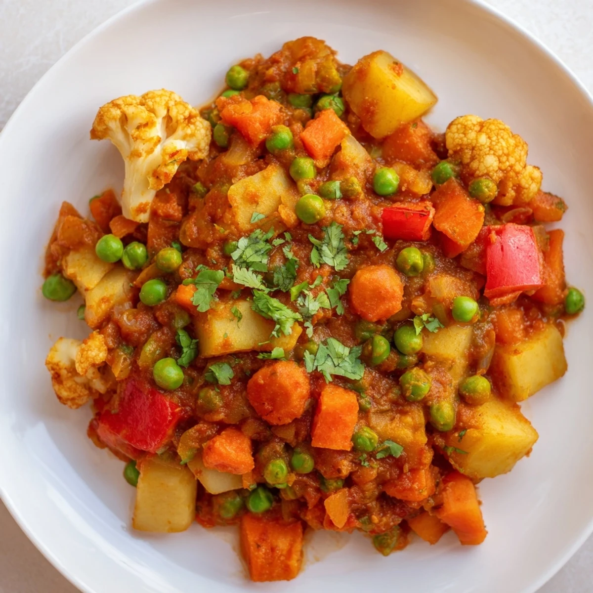 Steaming bowl of Frosty Morning Low Fat Curry, garnished with cilantro, a comforting, vegan Indian meal.