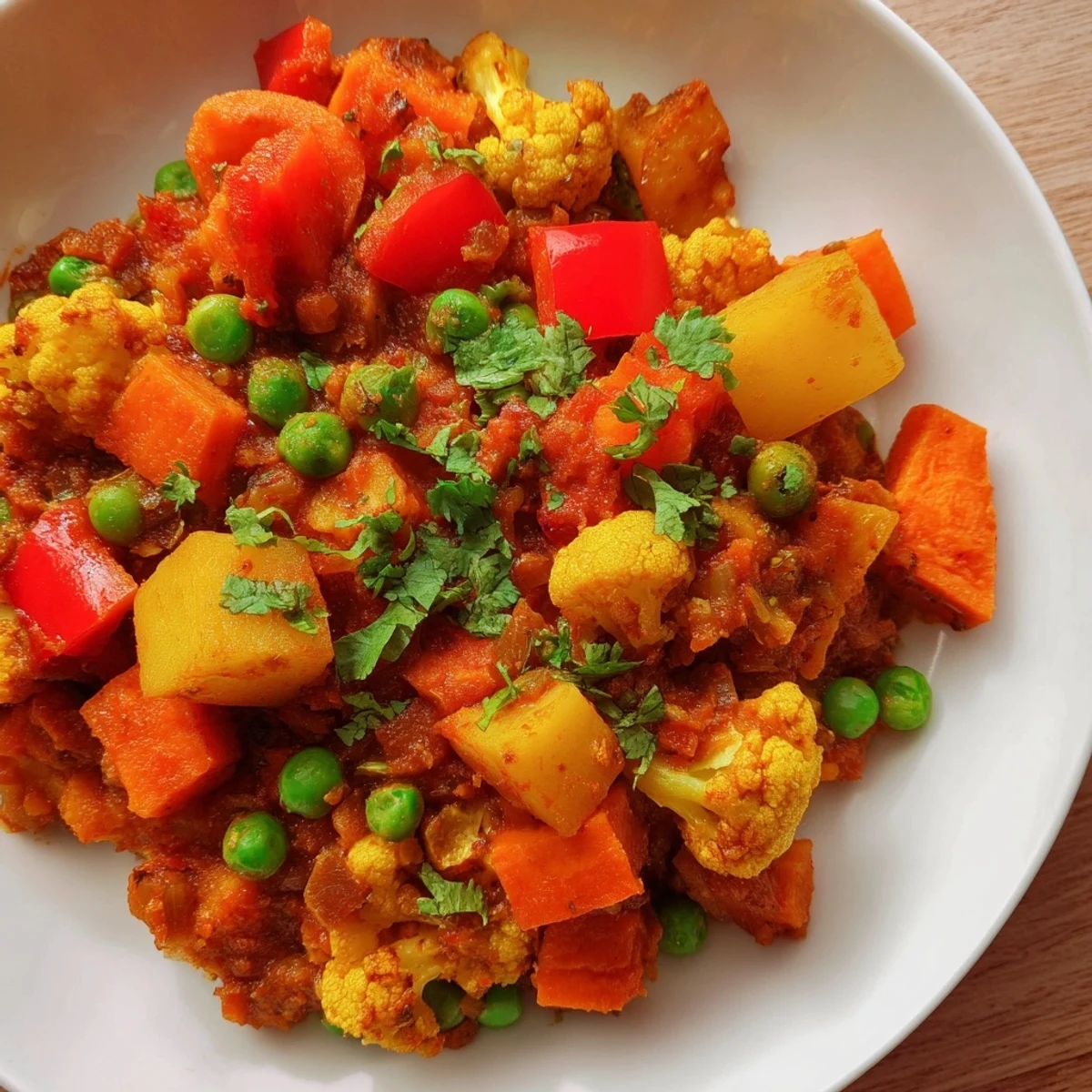 A vibrant photo of Frosty Morning Low Fat Curry, full of colorful vegetables, perfect for a cold day.