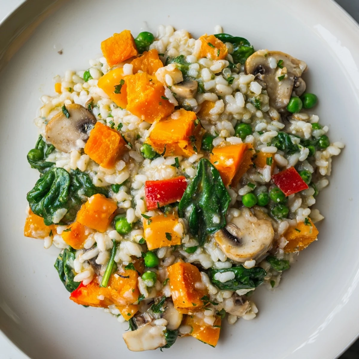 Holiday Market Low Fat Risotto: a creamy bowl with colorful vegetables and fresh lemon zest topping.