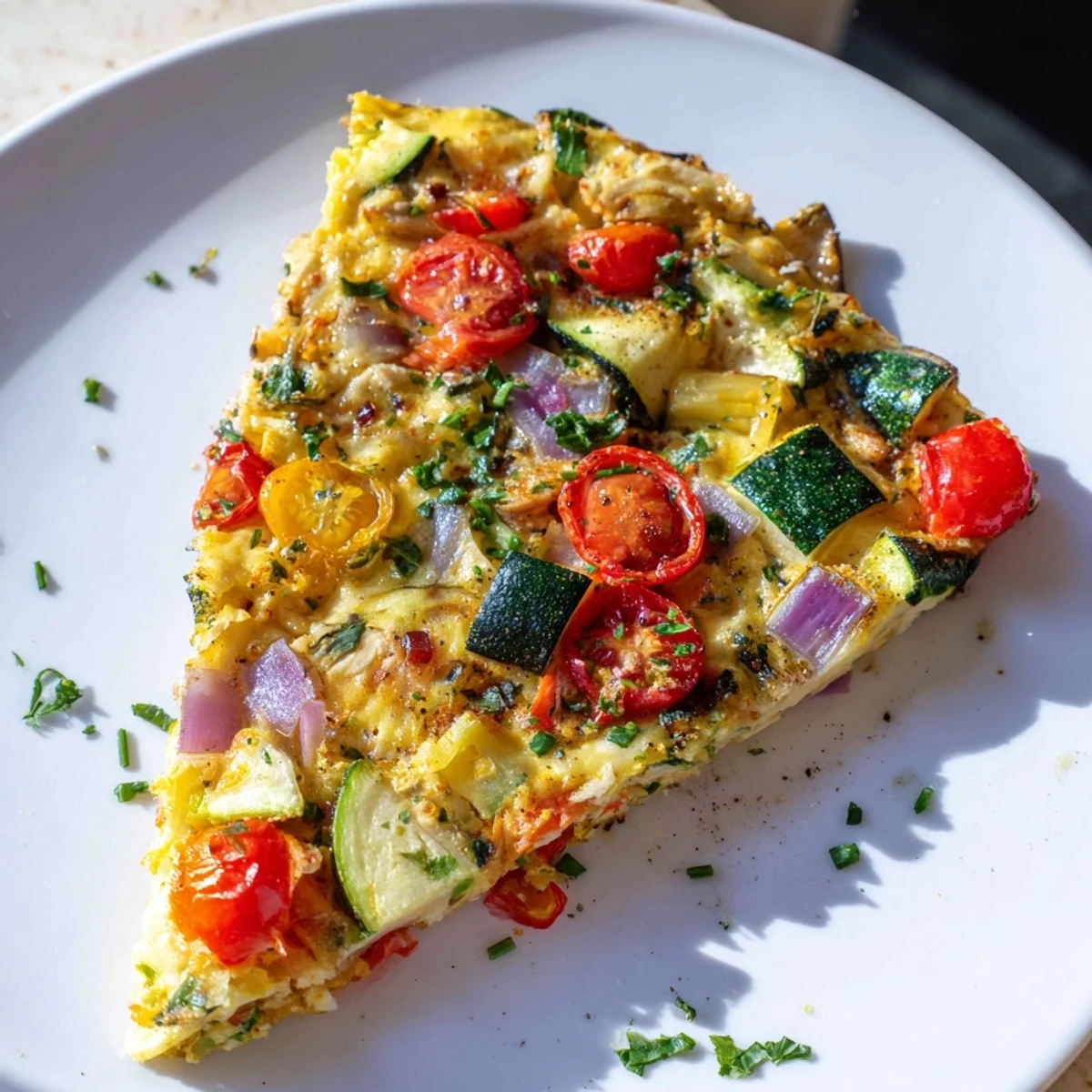 Warm, savory slice of New Year Paleo Frittata showcasing a hearty, fresh, easy breakfast option.