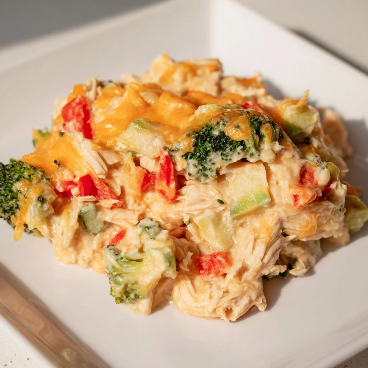 Steaming, bubbly Chilly Breeze Low Carb Casserole, topped with melted cheese, right out of the oven.