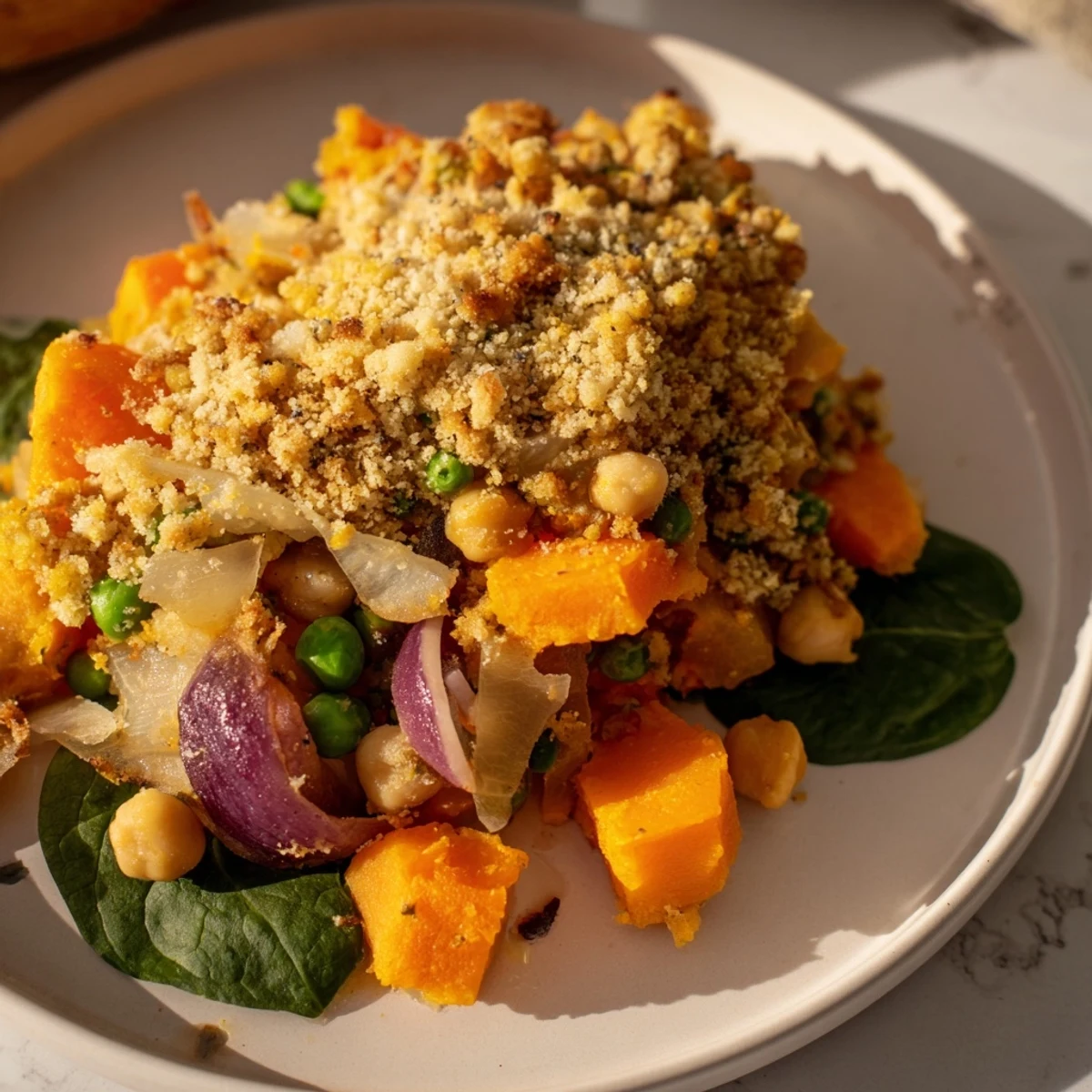 Golden-topped Chilly Breeze Vegan Casserole with vegetables and beans, perfect for a cozy, family dinner.