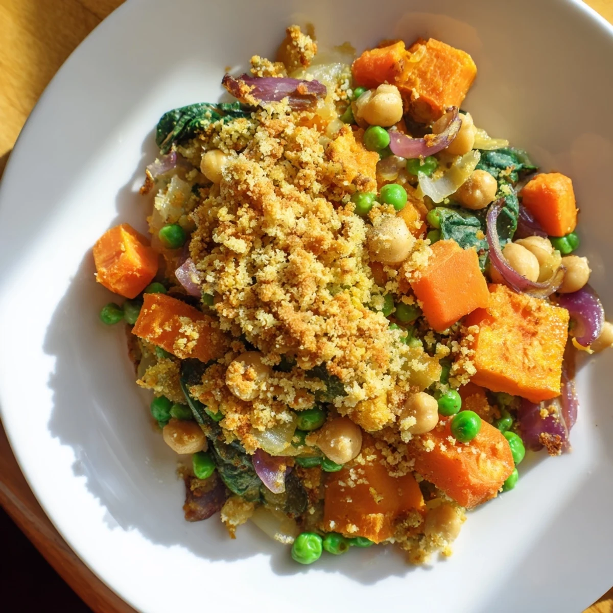 A steaming bowl of Chilly Breeze Vegan Casserole, presenting colorful roasted vegetables, topped with crispy breadcrumbs.