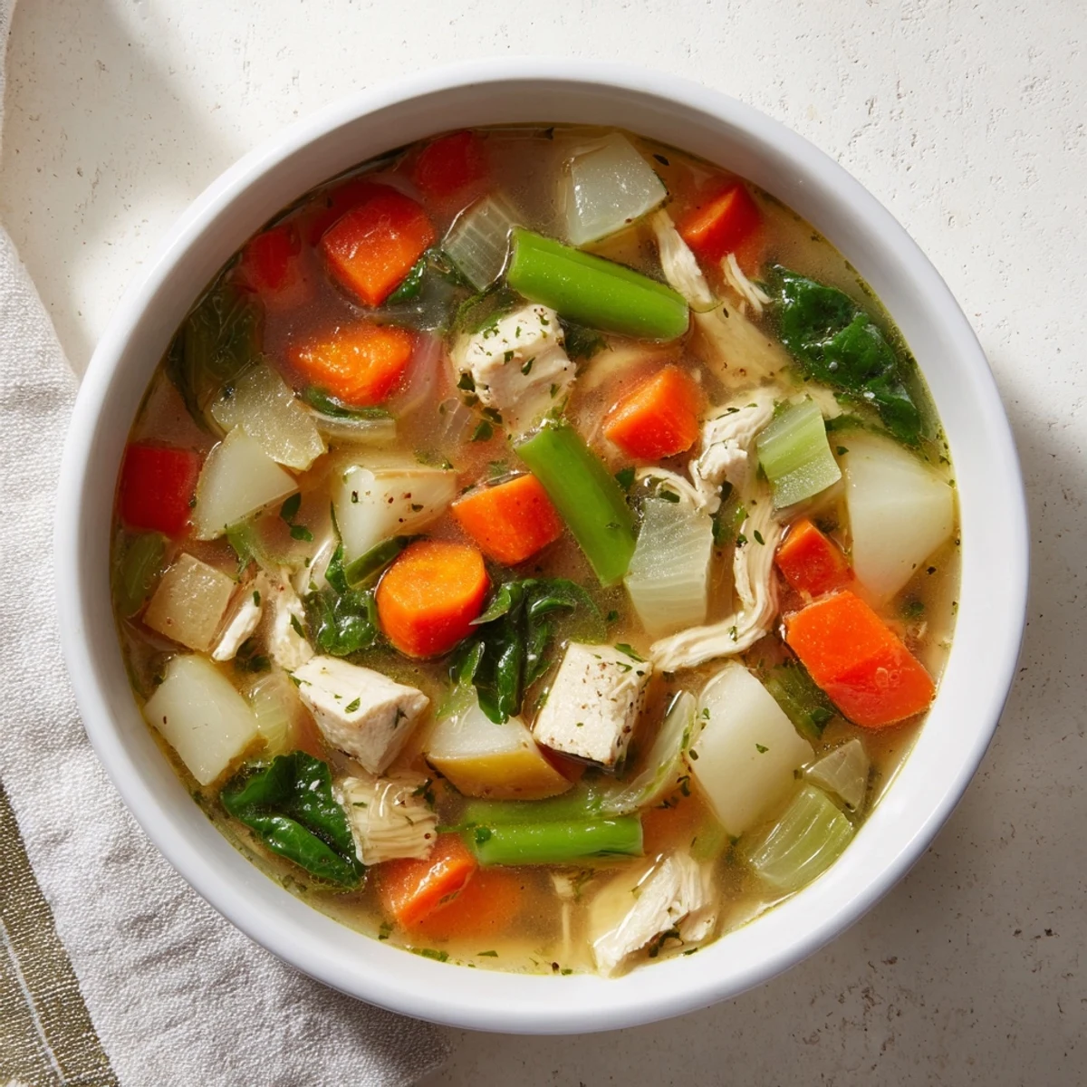 Steaming bowl of Snowy Day Low Fat Soup, packed with vegetables and tender chicken, ready to enjoy.