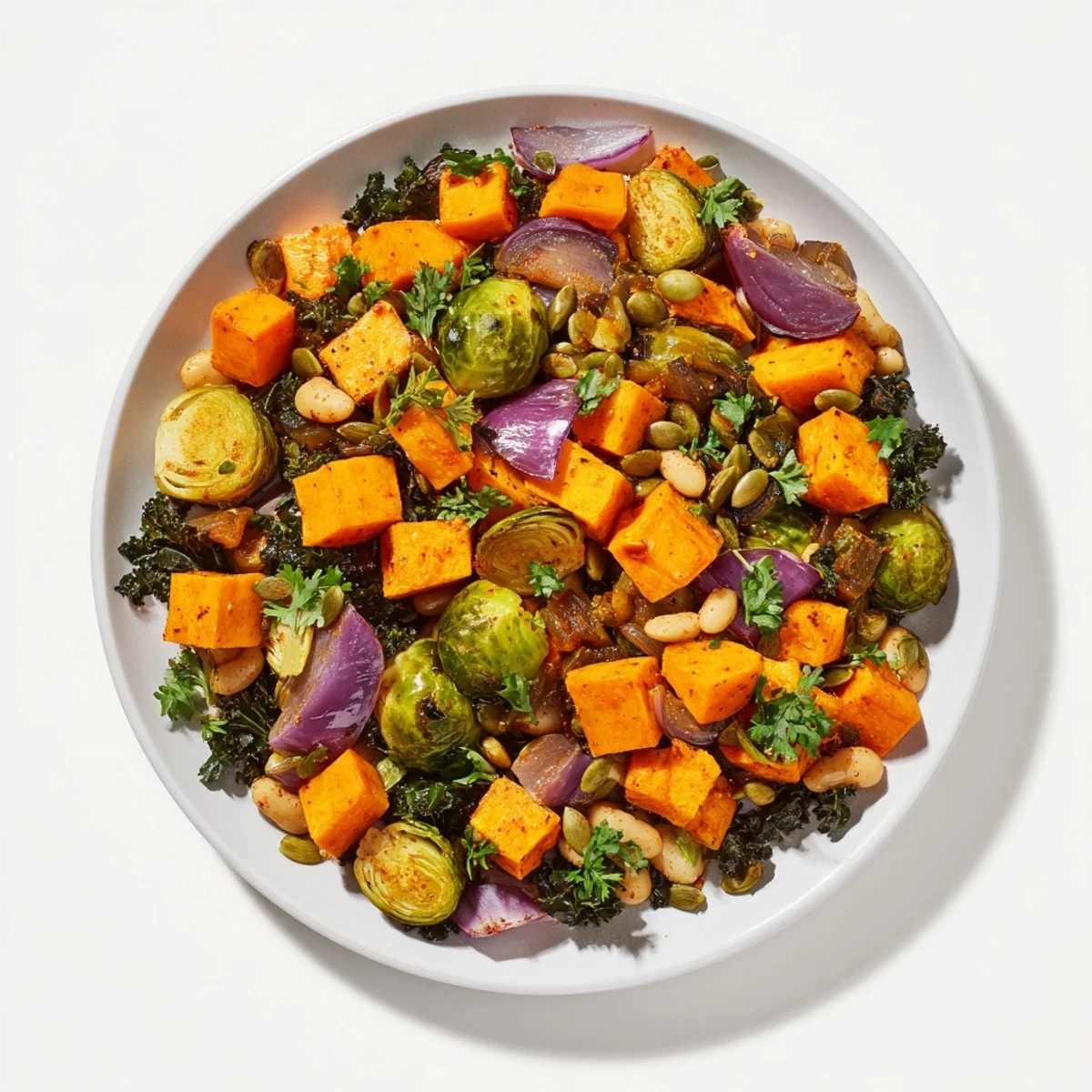 A steaming bowl of Winter Harvest Vegan Skillet, full of fresh ingredients and seasoned perfectly.
