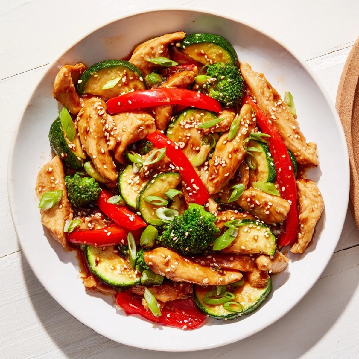 Steaming Cozy Evening Low Carb Stir Fry with tender chicken and crisp, vibrant vegetables ready to serve.