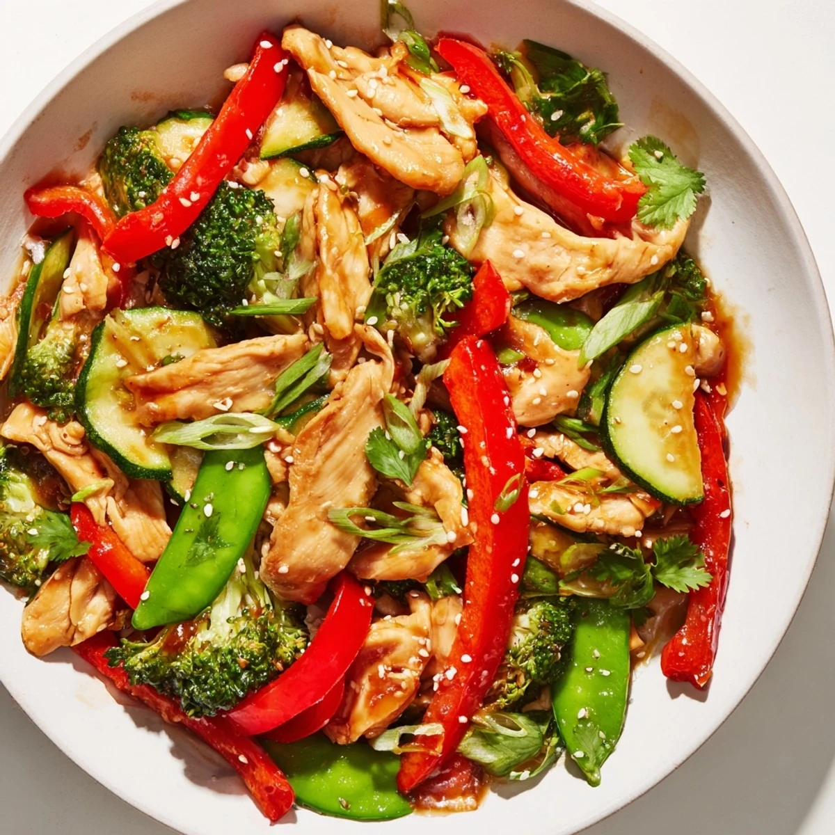 Sizzling pan of Frosty Morning Low Carb Stir Fry, with vibrant bell peppers and tender chicken pieces, ready for serving with sesame seeds.