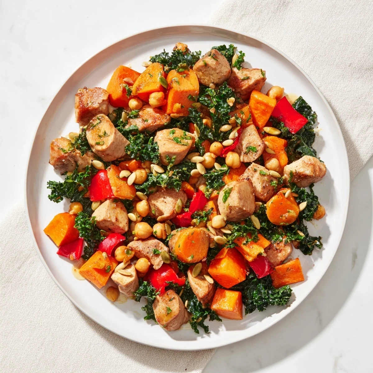 Golden-brown chicken pieces and vibrant vegetables sizzle in the Winter Harvest High Protein Skillet, a one-pan meal.