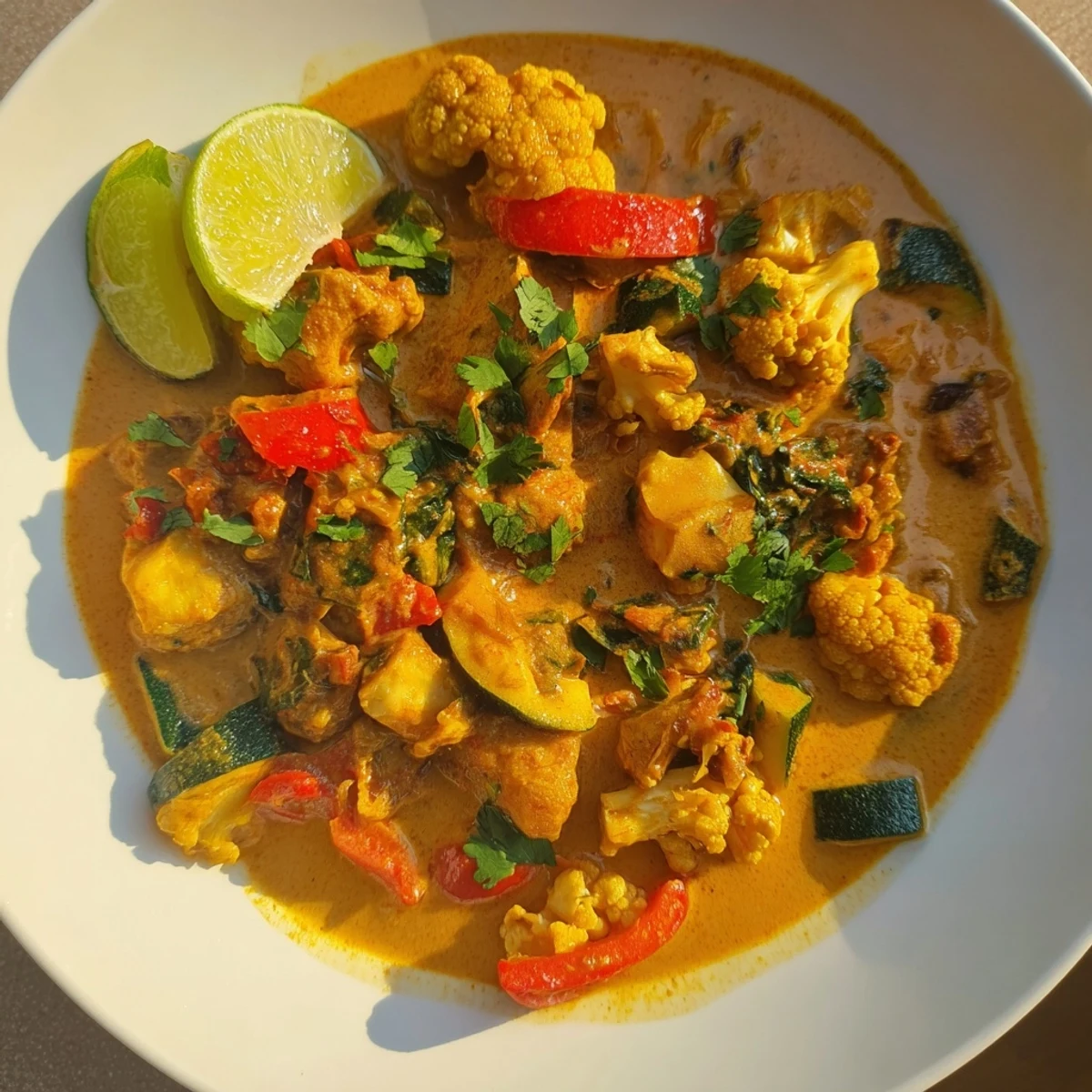 Steaming keto curry with tender chicken in a creamy coconut sauce, garnished with fresh cilantro.