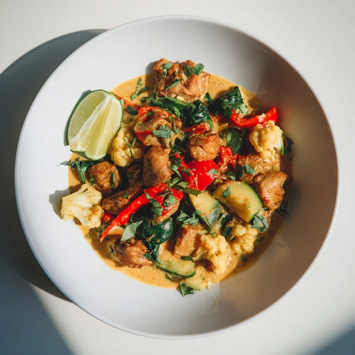A close-up shot of a flavorful snowy day keto curry with vibrant vegetable colors and lime wedges.