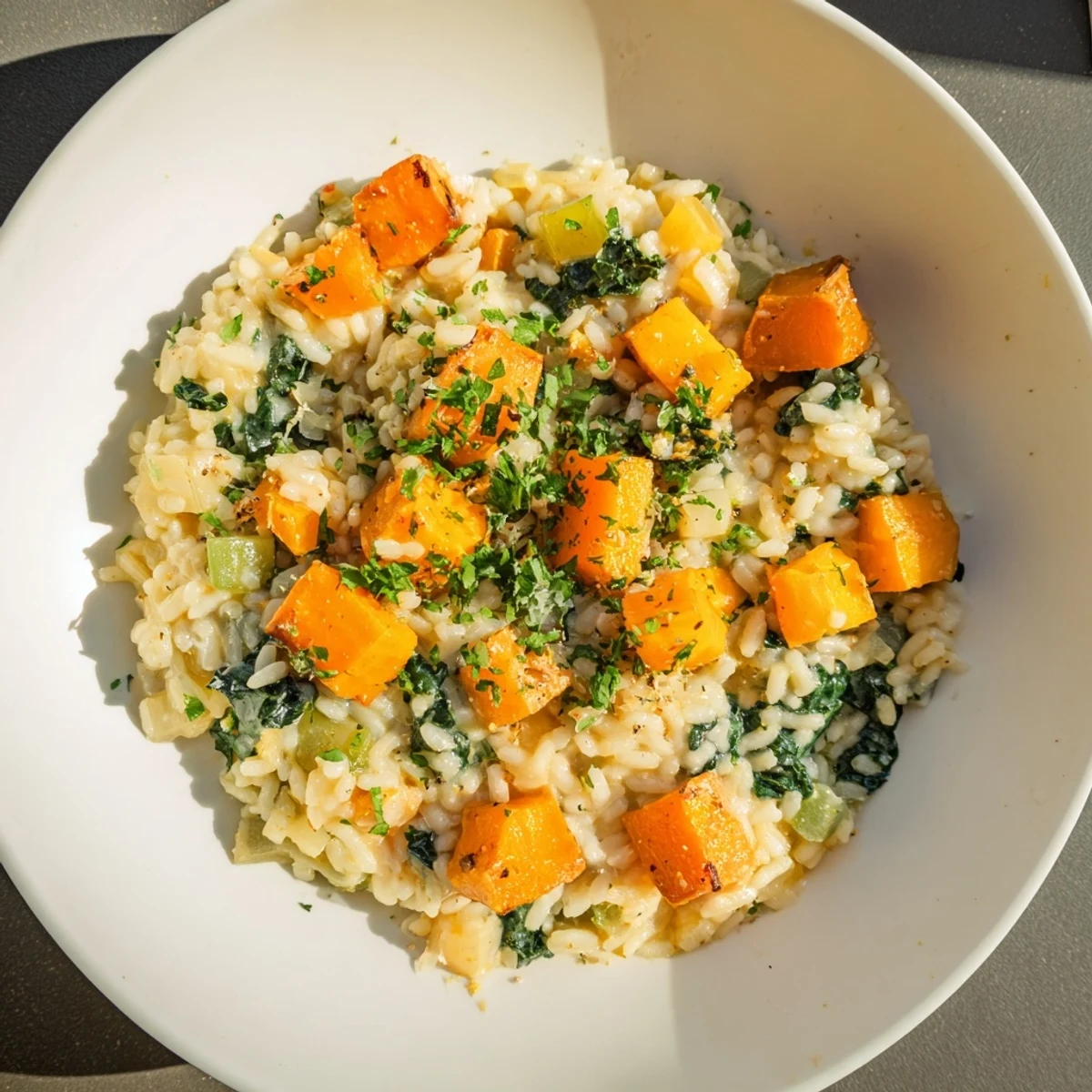 Hearty Winter Harvest Risotto, featuring tender arborio rice and savory vegetables, ready to enjoy.