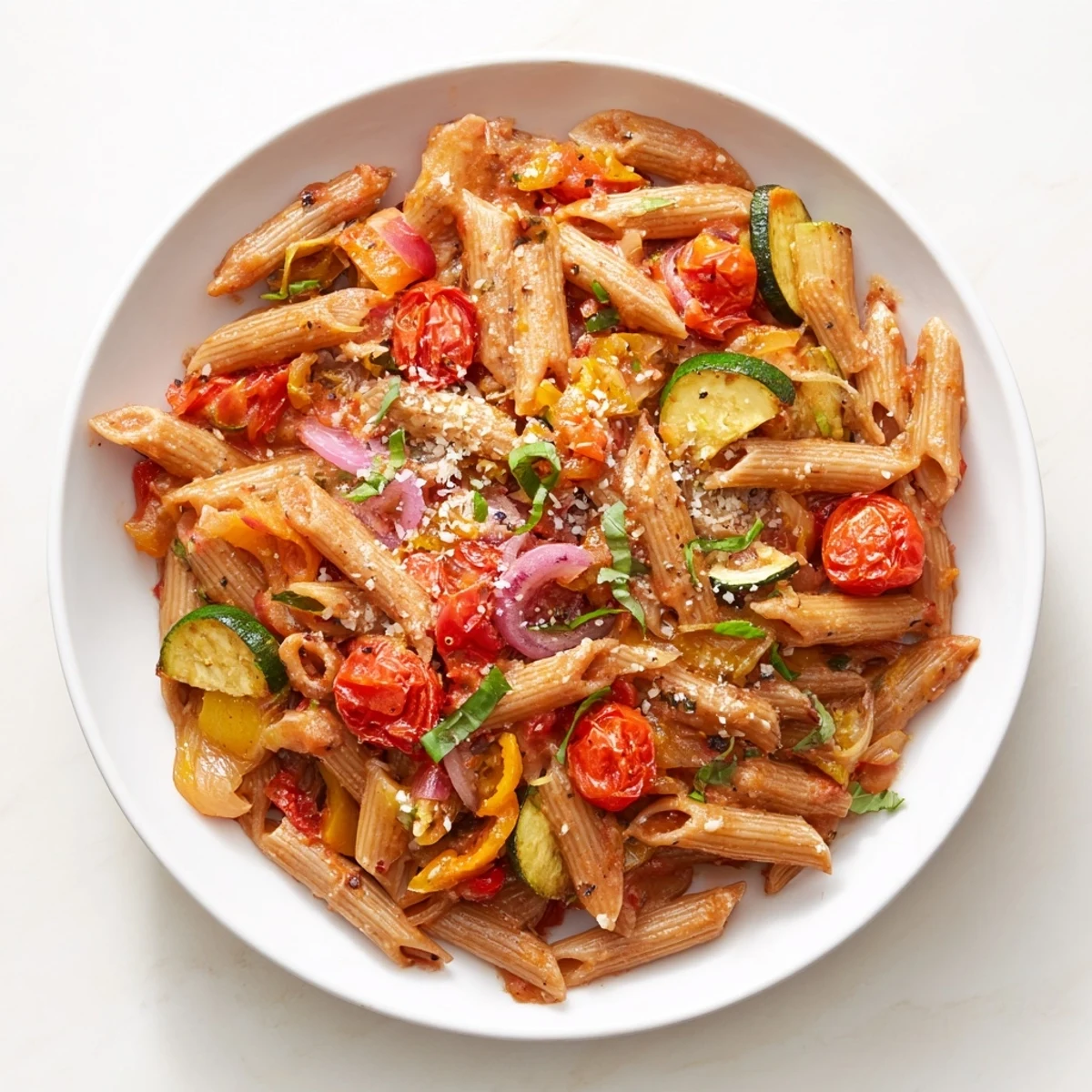 Warm Fireside Low Fat Pasta with roasted vegetables, perfect for a healthy comfort food craving.