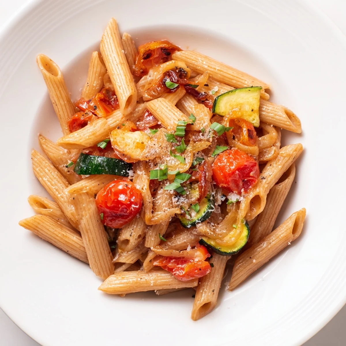 Vibrant photo of Fireside Low Fat Pasta, showing hearty penne and a rich tomato sauce, ready to serve.