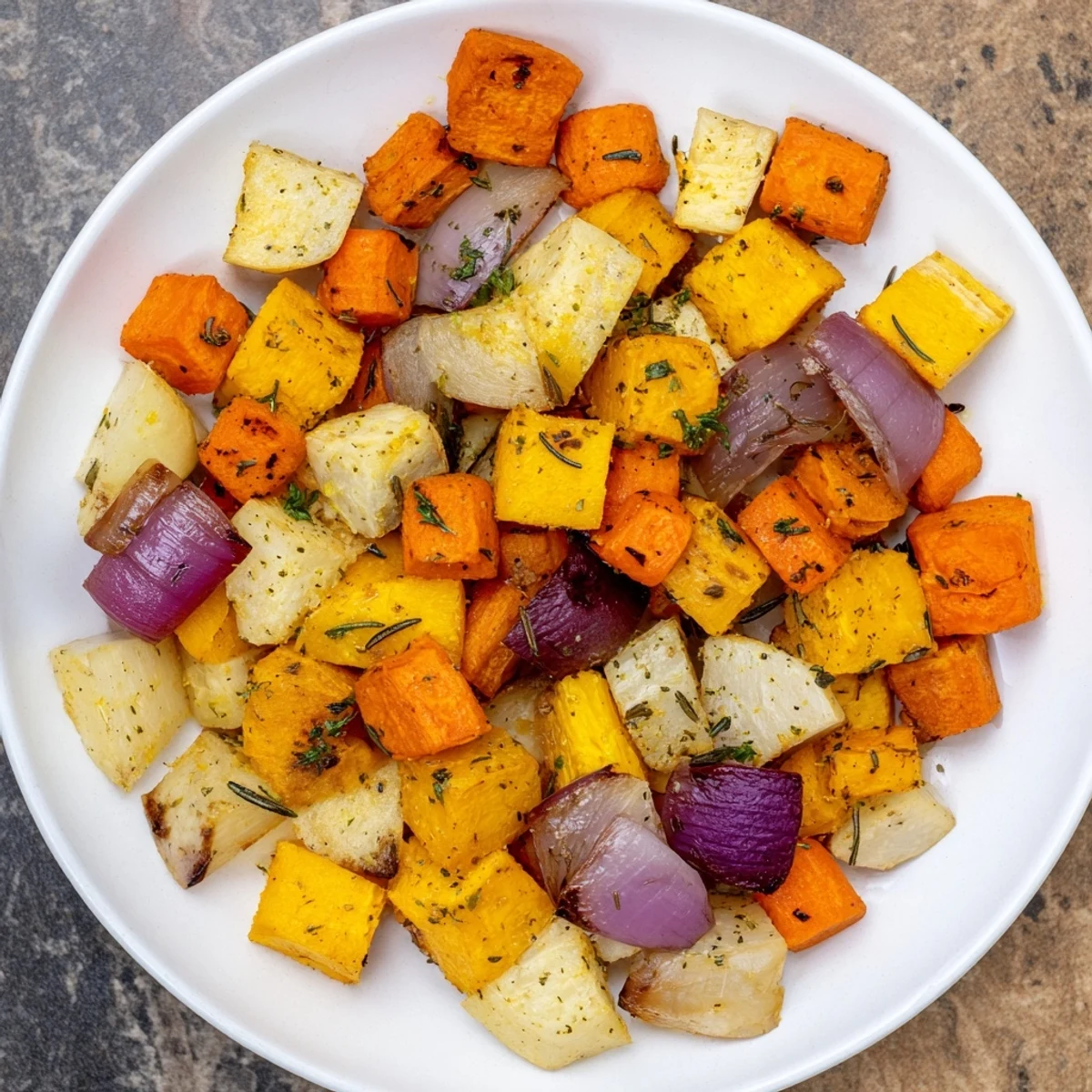 A close-up view of roasted, colorful Holiday Market Vegan Roasted Root Vegetables, perfect for a vegan-friendly table.