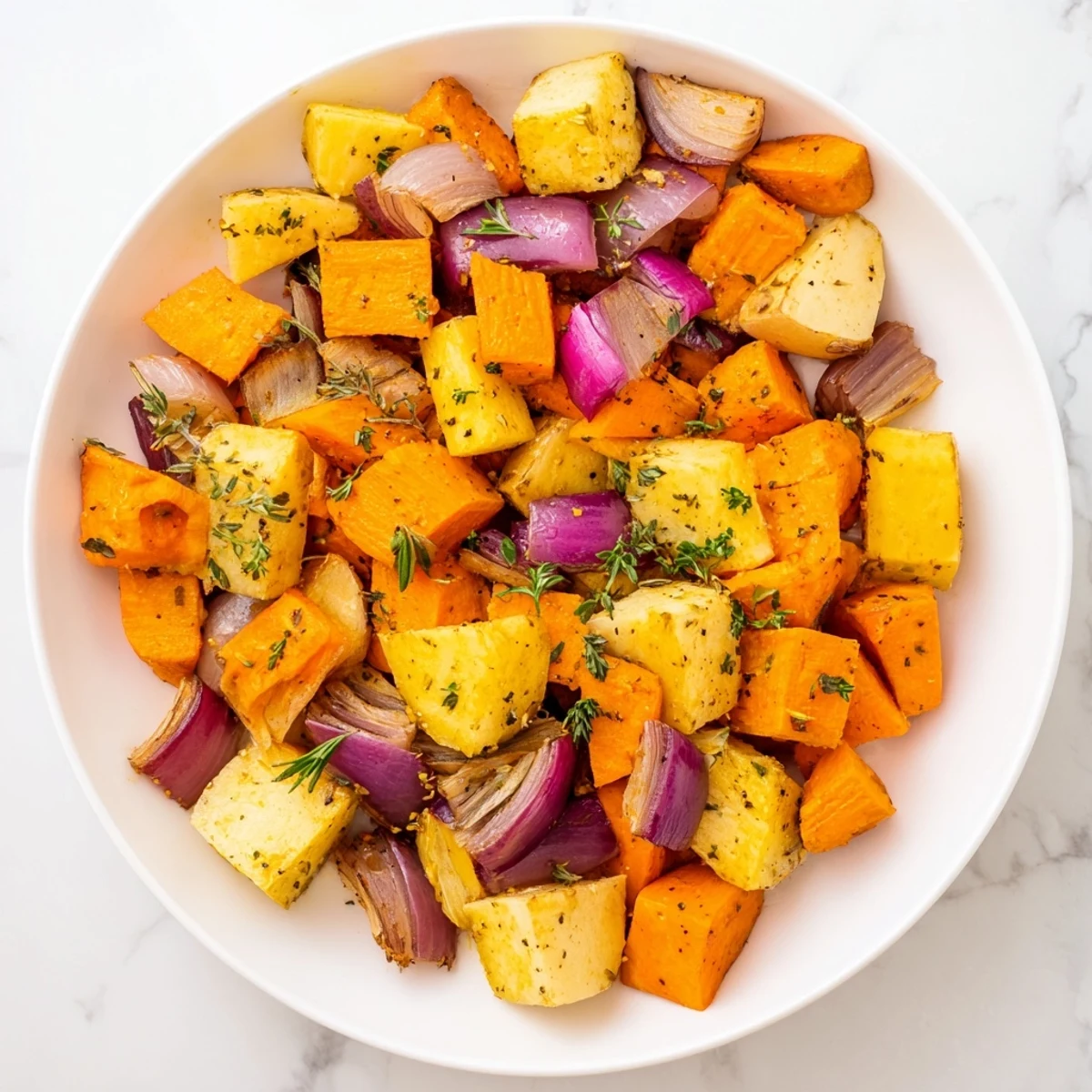 This photo features warm, golden Holiday Market Vegan Roasted Root Vegetables, ready to serve as a tasty side.